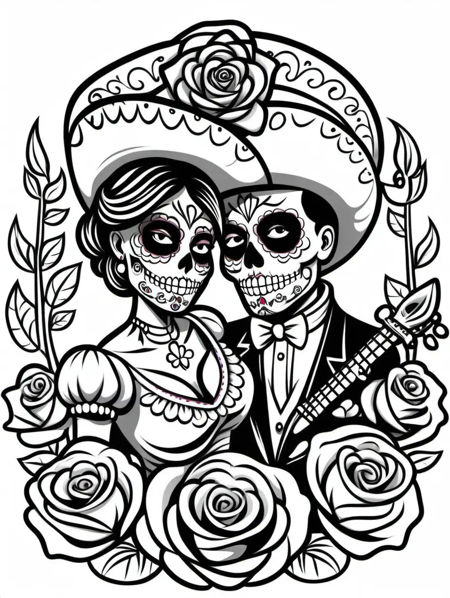 mariachi couple sugar skull outline, white background, thick black lines, no color, rose themed
