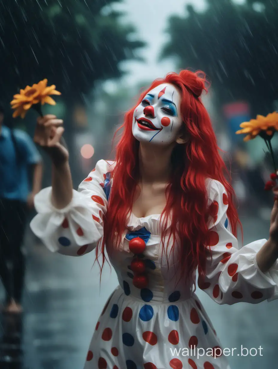 A beautiful woman with beautiful long hair, a clown pattern painted on her nose, and a bouquet of flowers in her hand, dancing in the rain and performing to her heart's content. Film like lighting and dramatic atmosphere, Dustin Nguyen, Akihiko Yosh