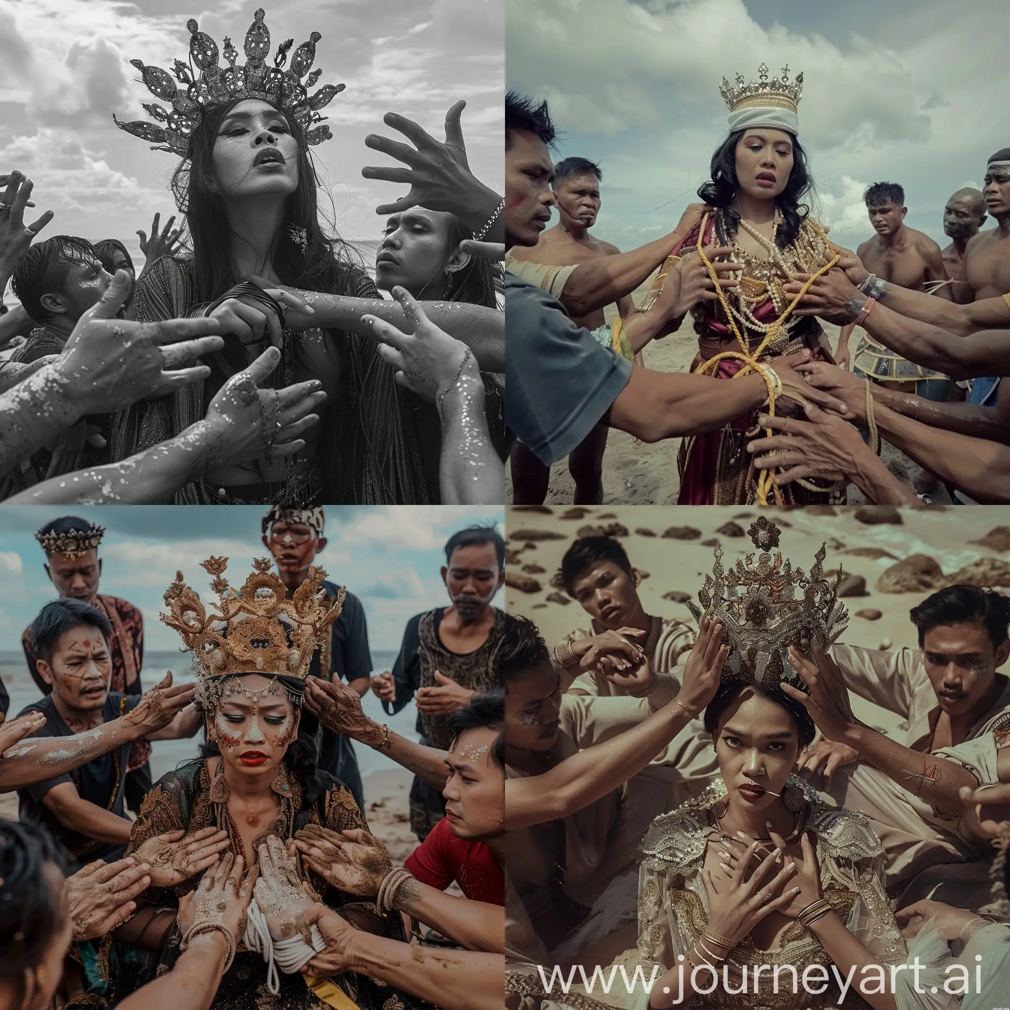 a woman dressed like Nyo Roro Kidul, wearing a crown, her hands tied and surrounded by several men, set on the beach