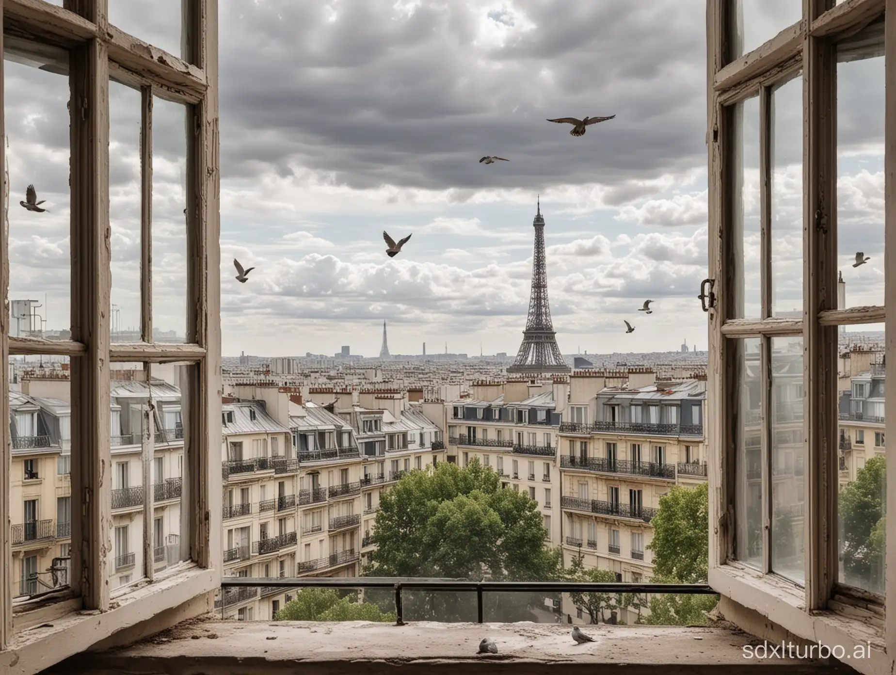 a window open from an apartment onto a landscape representing the rooftops of Paris. It is nice weather with some white clouds.. In the distance, the Eiffel Tower, some pigeons can be seen. The atmosphere is noisy and agitated