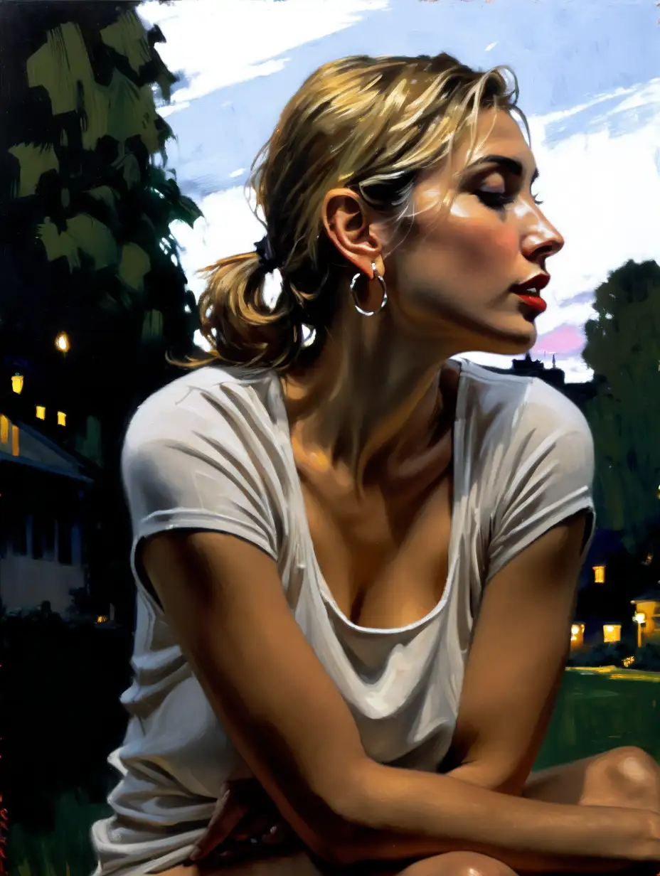 (naked:1.3) woman , cooper hair , medium teardrop breasts  , large hoop earrings , t-shirt ,  sitting in garden , looking to side ,  (night scene:1.3) , painting style  expressionism , jagged lines , painting by (Fabian Perez:1.3)