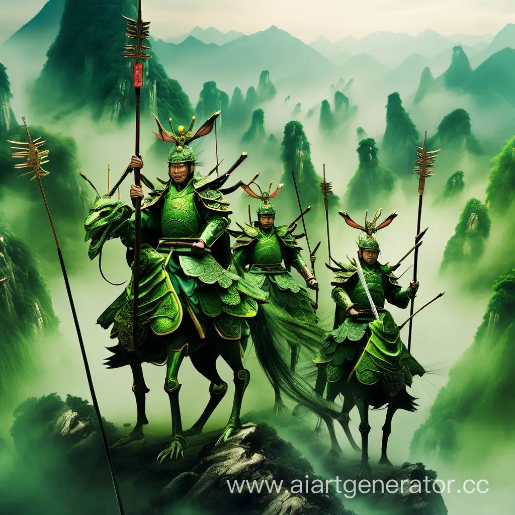 китайские воины в составных доспехах и с длинными копьями с лезвиями на концах на гигантских кузнечиках на вершине зелёных туманных гор