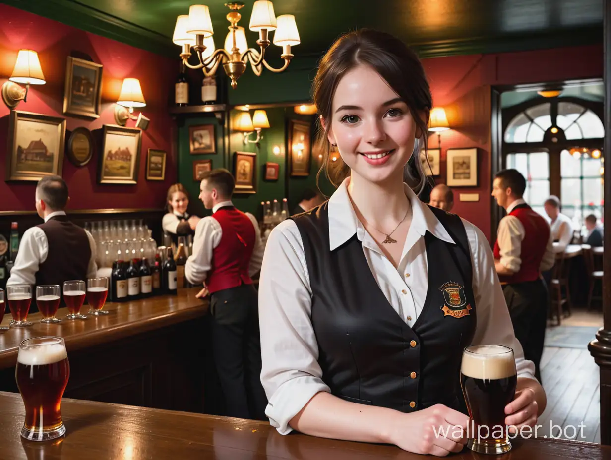 A cosy, dimly lit English pub scene with a friendly waitress serving drinks to patrons. She wears a traditional pub uniform, complete with a white blouse, a red vest, and a black skirt. The countertop is adorned with a variety of drinks, including pints of ale and spirits. The atmosphere is warm and inviting, with soft lighting, antique decor, and a roaring fireplace in the background. The overall ambiance exudes a sense of camaraderie and relaxation.