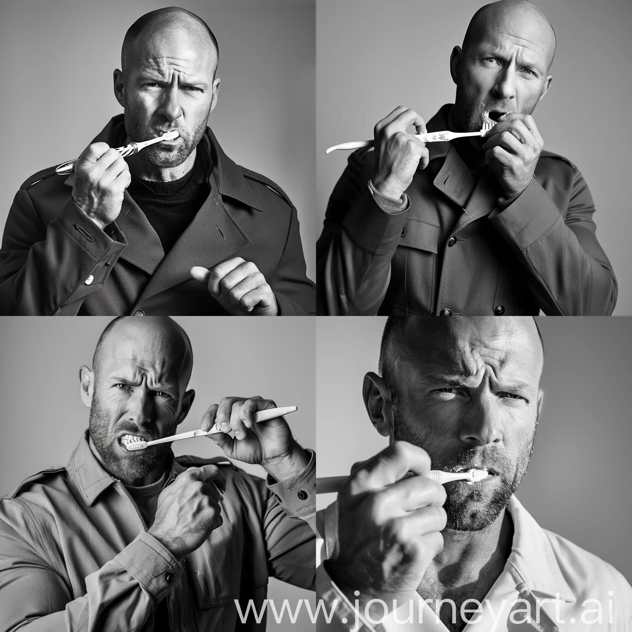 Jason-Statham-Stylishly-Brushing-Teeth-in-Black-and-White-Magazine-Photo