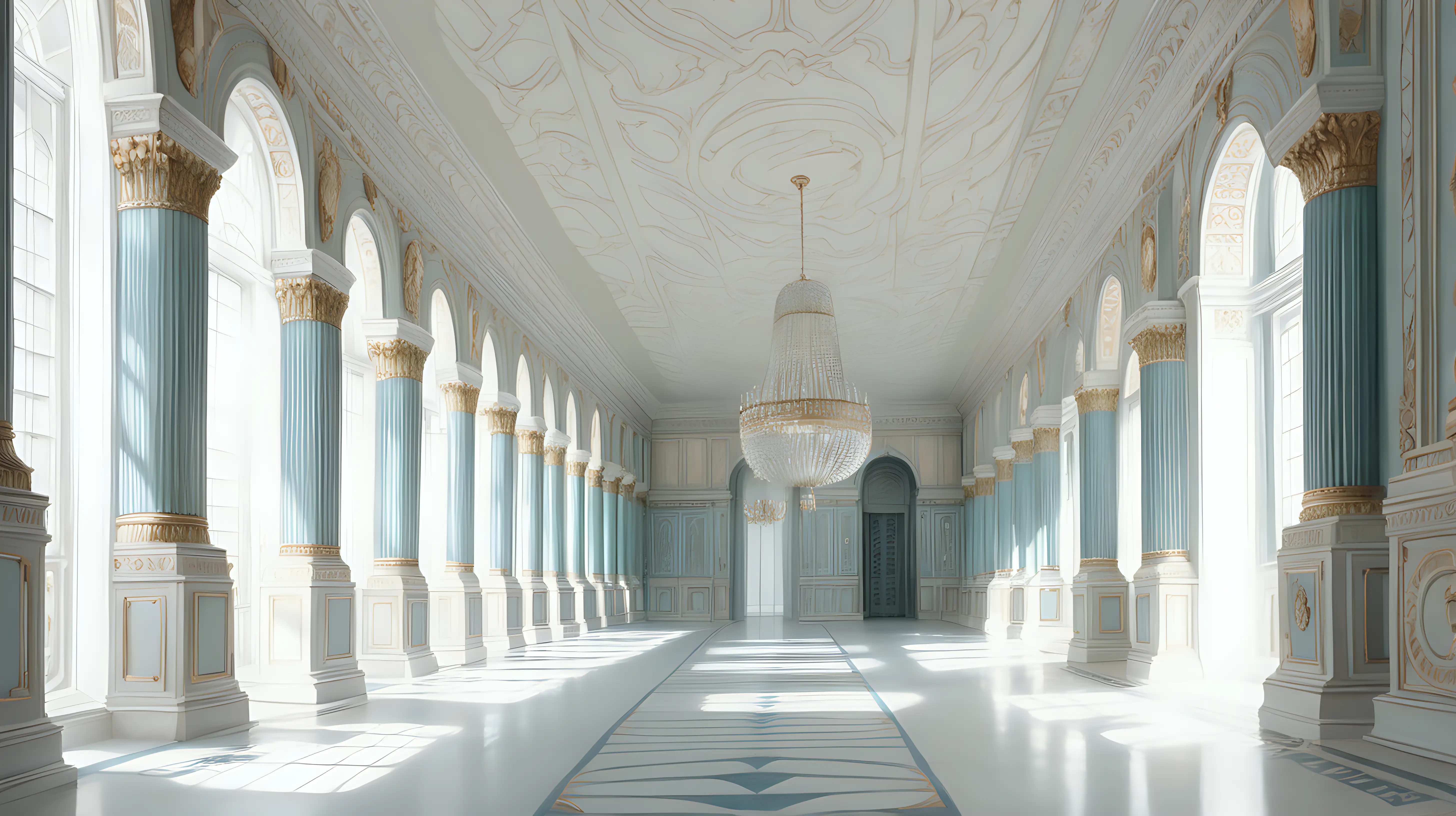 painted background of a white palace hallway