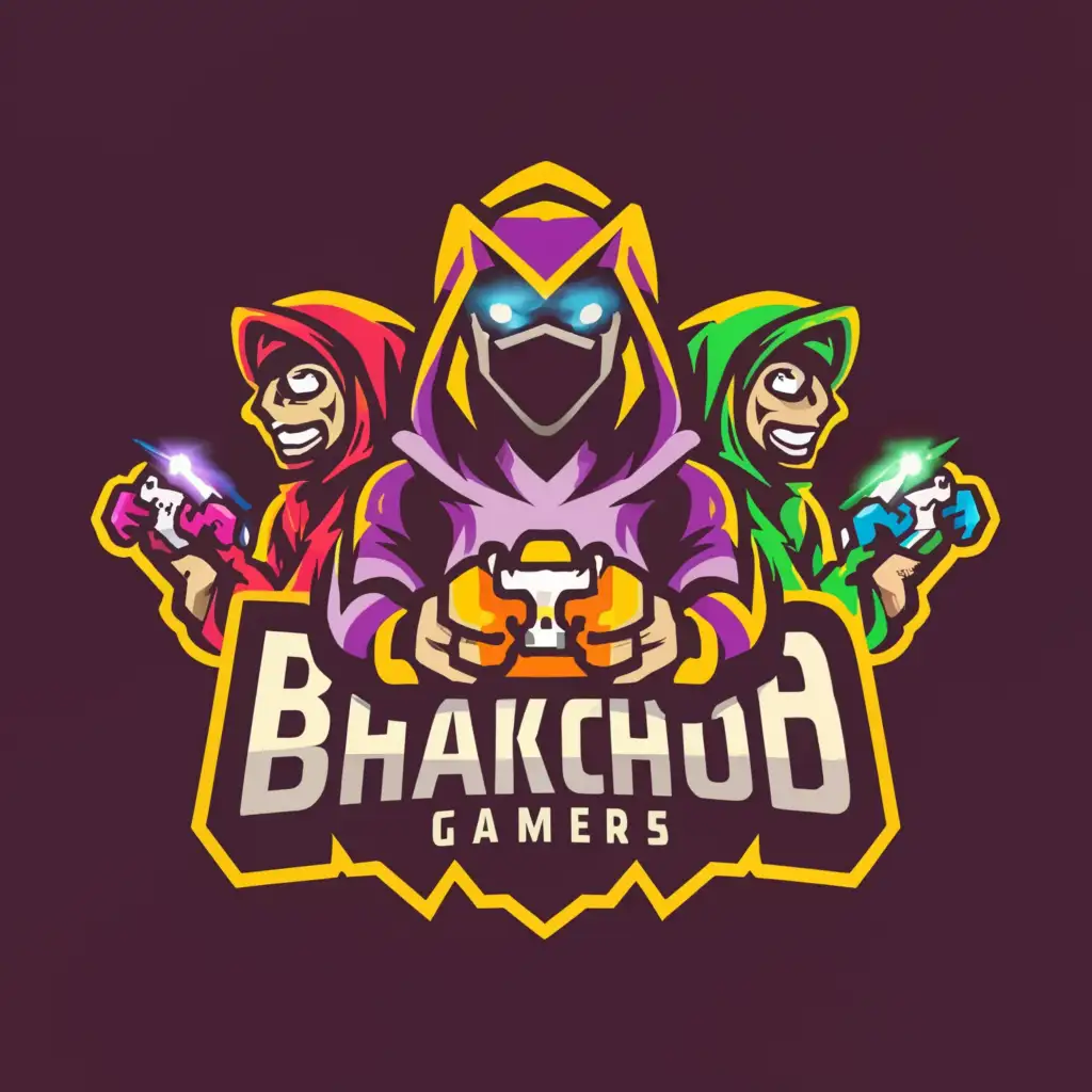 a logo design, with the text 'Bhakchod Gamers', main symbol: Gaming logo with 4 players with hoodie and face mask, Moderate, to be used in entertainment industry, clear background
