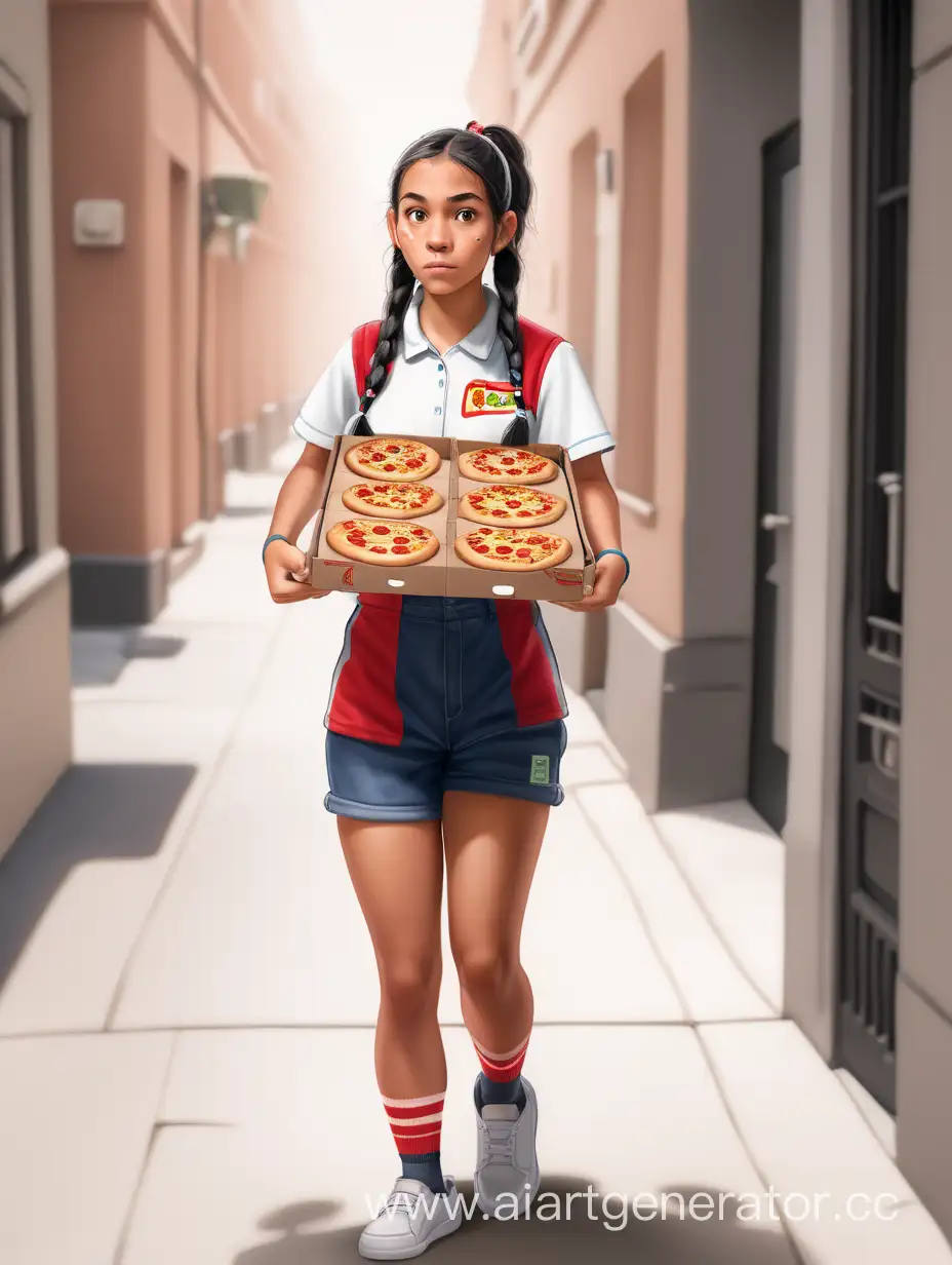 Indigenous-Pizza-Delivery-Woman-with-Pigtails-in-Casual-Shorts
