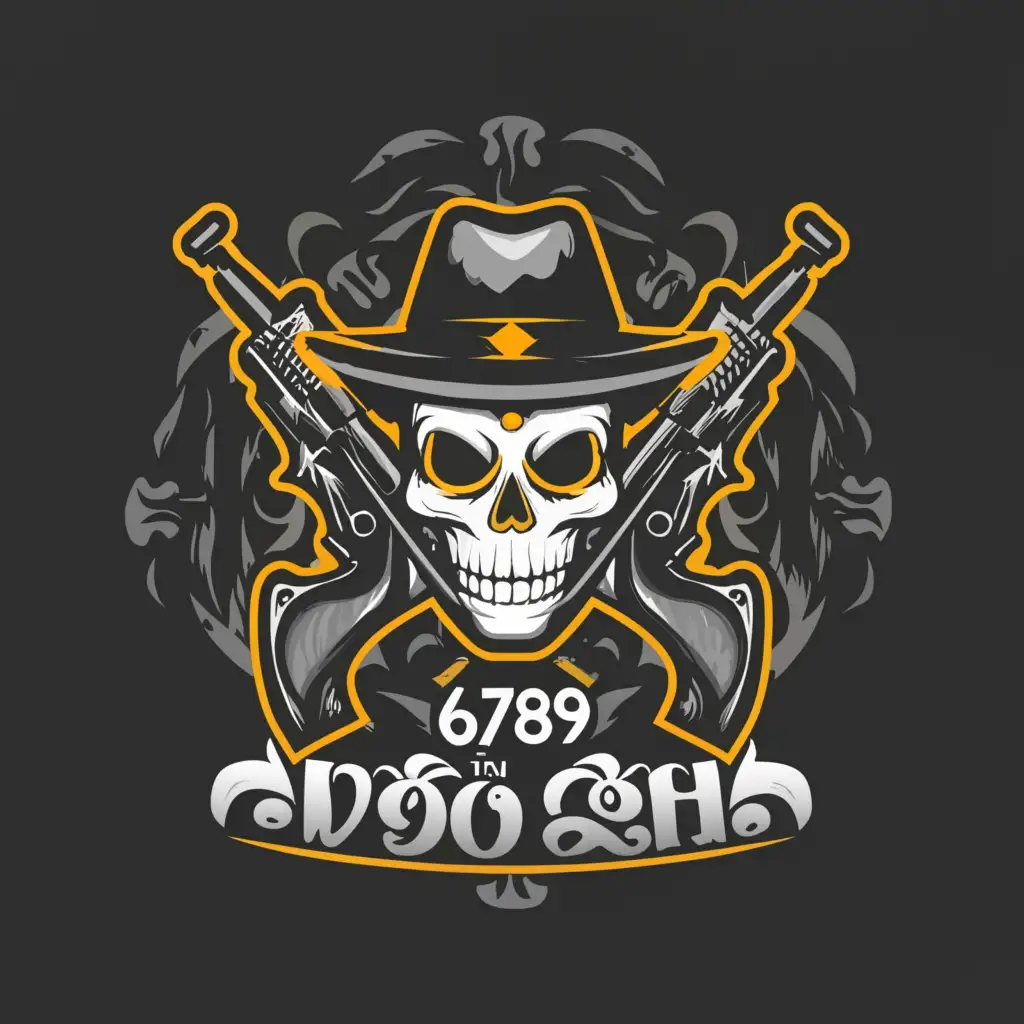 a logo design,with the text '6789 VÔ ĐỊCH', main symbol:The skull wearing a hat in the following 3 pubg games has 2 guns,complex,be used in Internet industry,clear background
