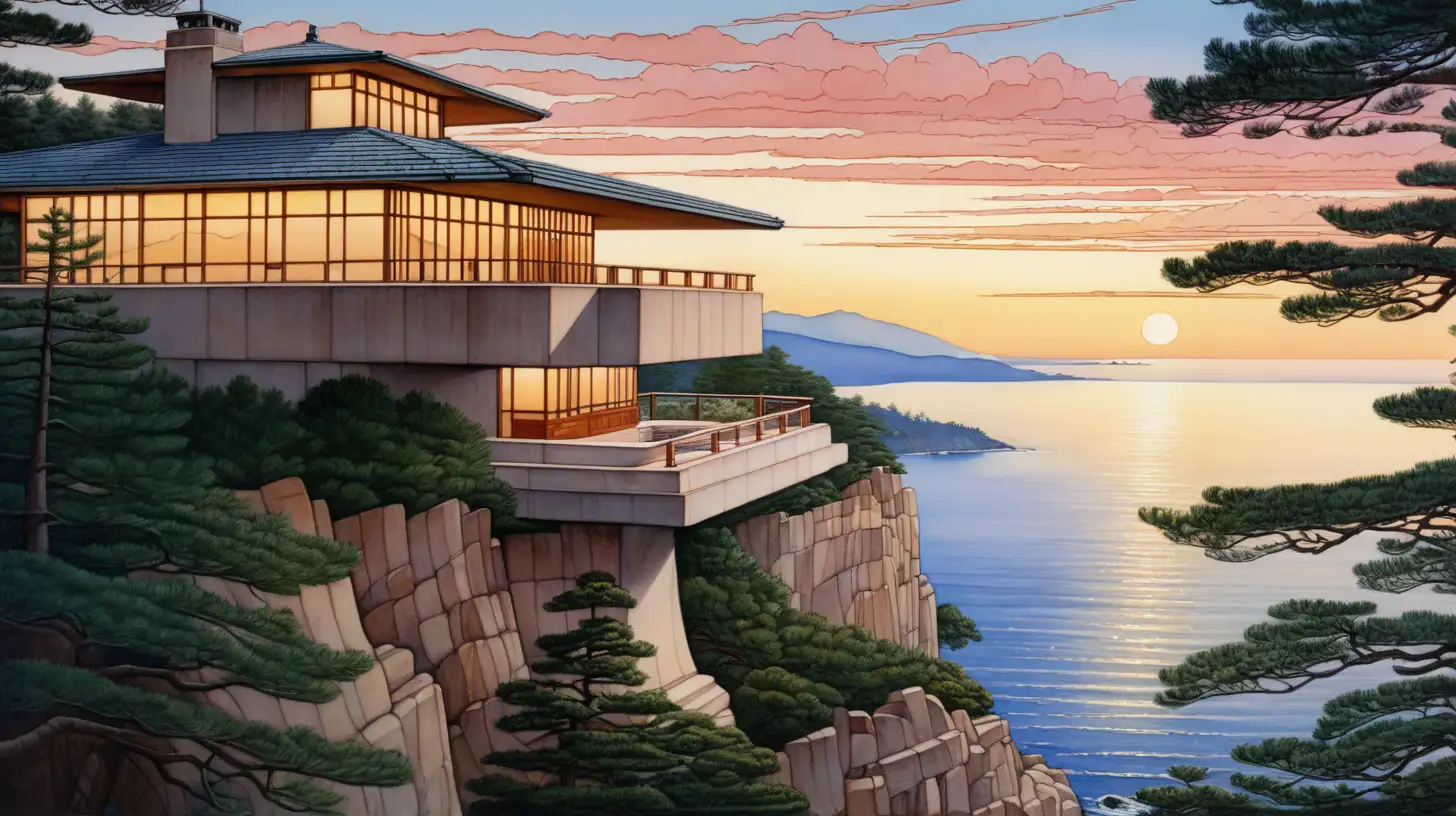Frank Lloyd Wright Villa Perched on Cliff Dawn Seascape with Realistic Lighting