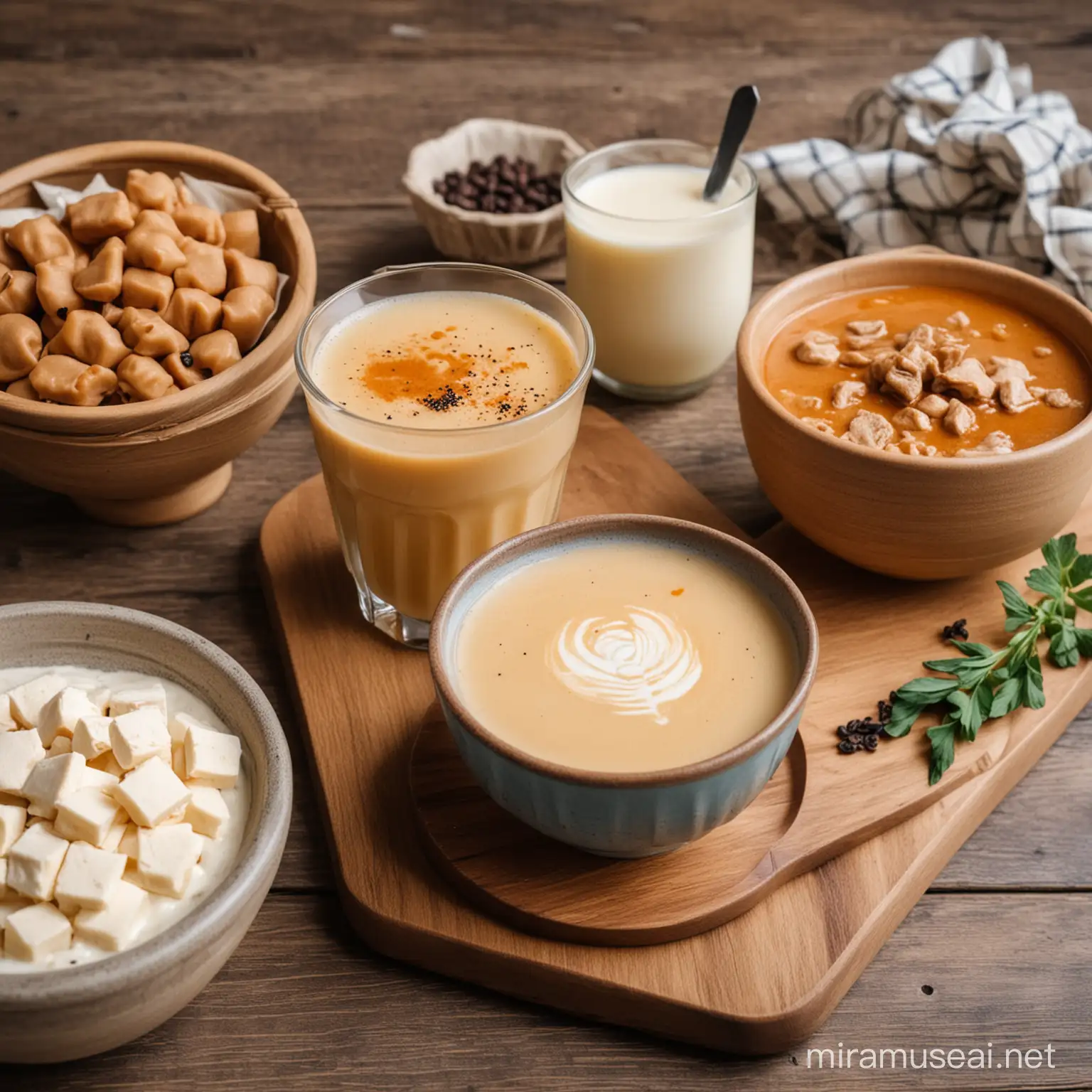 Traditional Mongolian Milk Tea and Ethnic Foods on Wooden Cutting Board