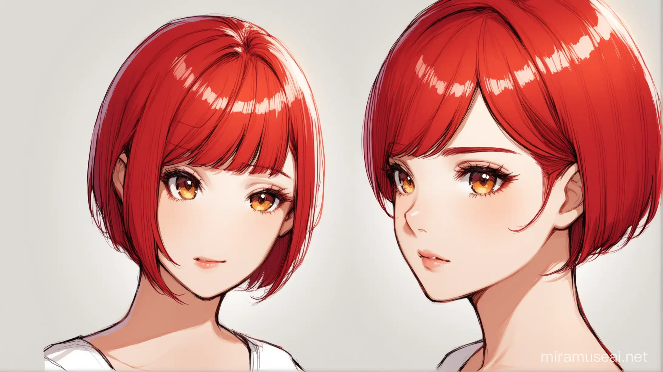Draw a woman with short red hair cut 