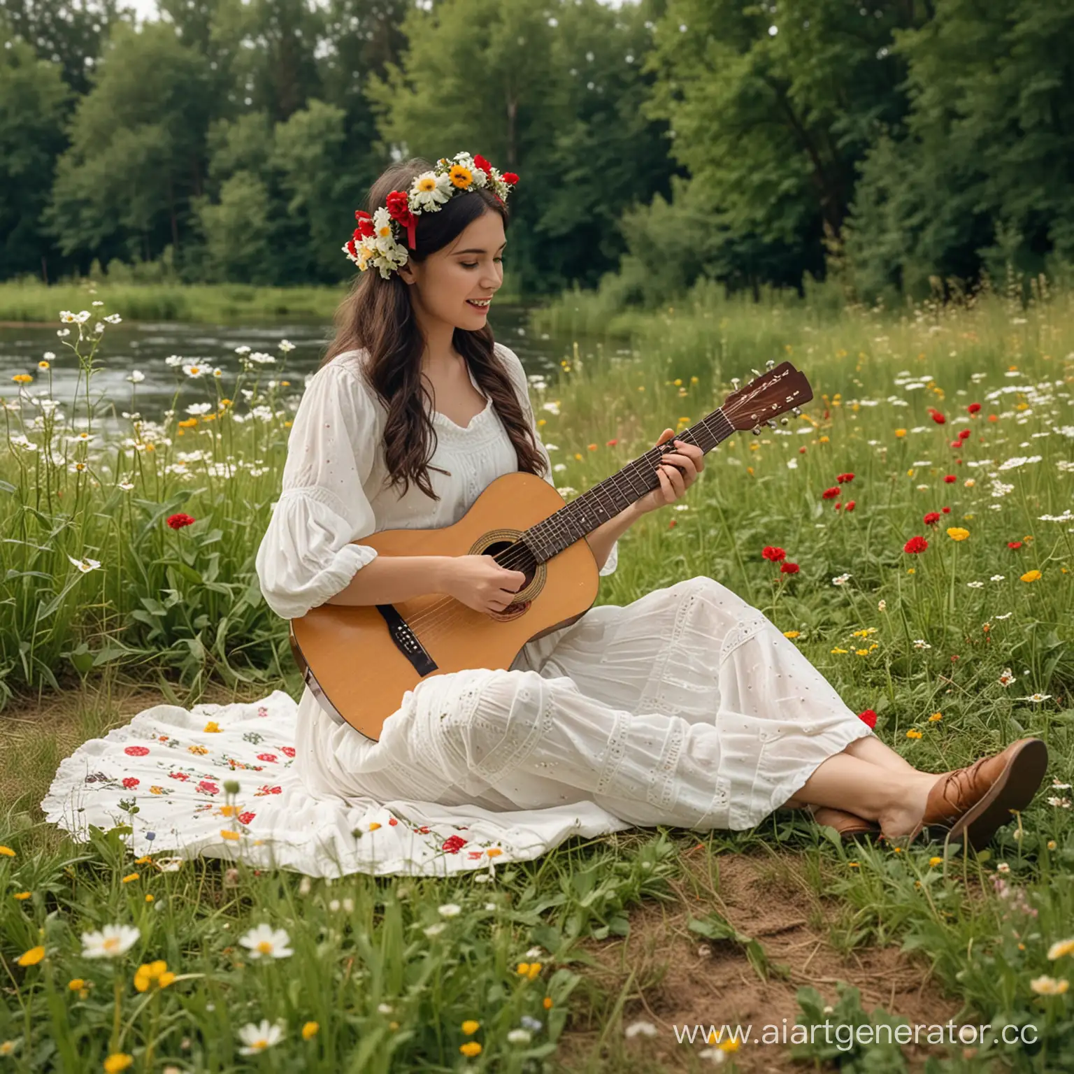 Черноволосая белокожая девушка  в винтажном белом летнем платье, играет на гитаре и поёт сидя на лесной цветочной поляне, позади неё речка. Близи неё на поляне лежит  шляпка с красной лентой. Рядом с ней сидит юноша брюнет в белой рубашке и брюках, он слушает её музыку, на его голове цветочный венок, он плетёт ещё один венок из цветов
