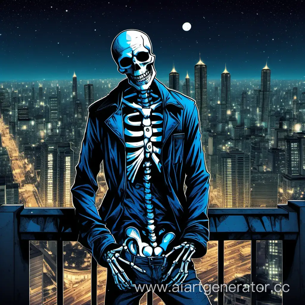 A skeleton wearing a blue shirt and a black jacket. He standing on the background of night city.