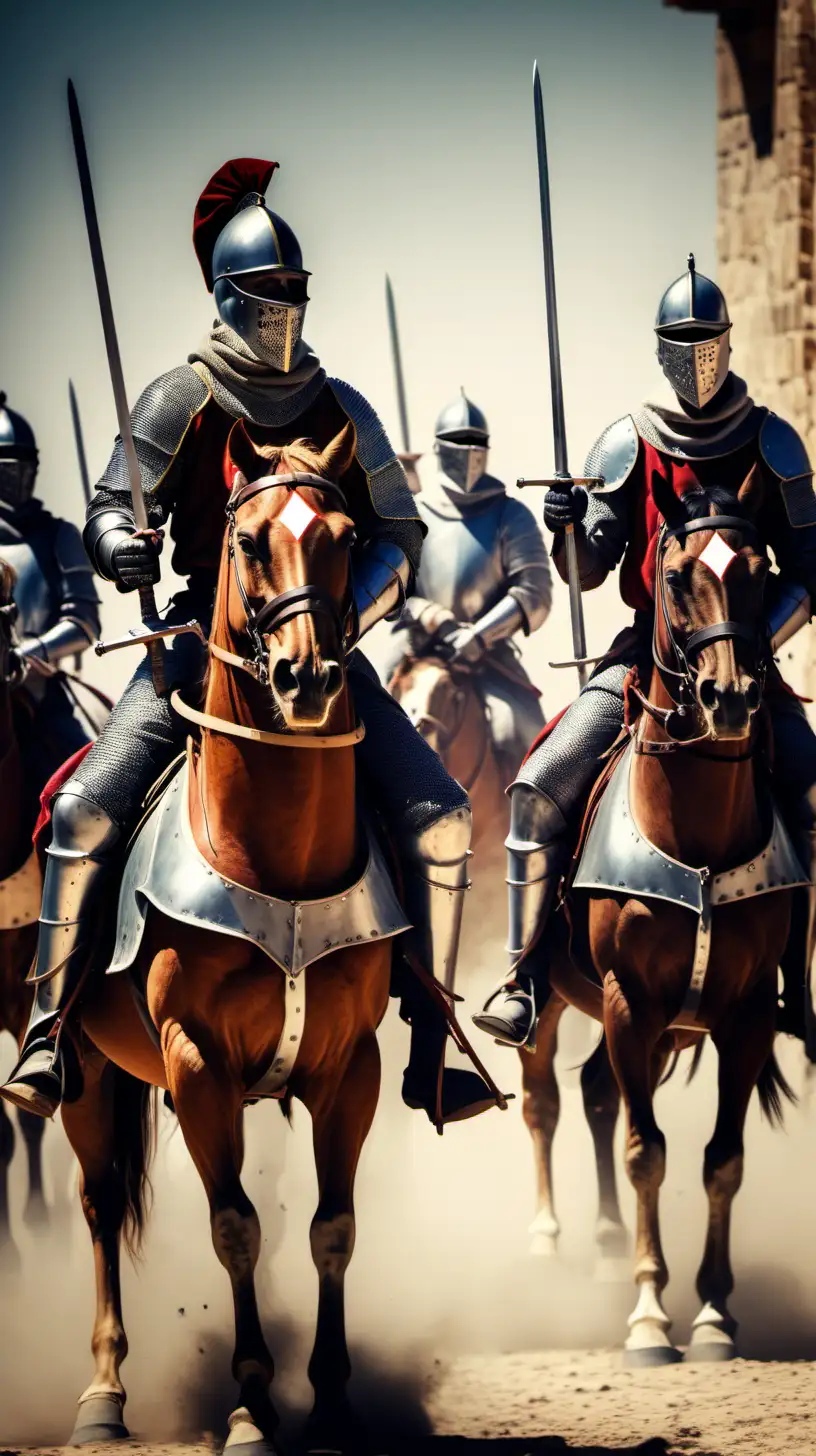 en 1212 combatienetes medievales españoles a caballo con sus espadas en la mano, imagen a color
