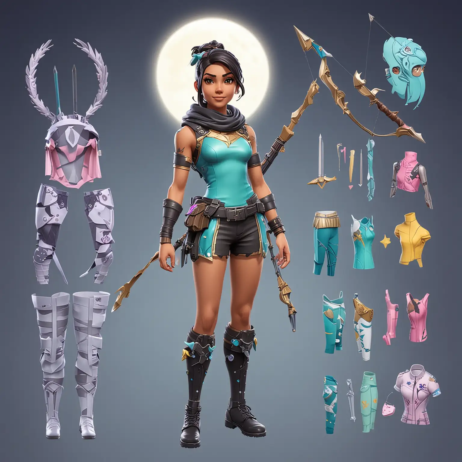 CREATE ME A GIRLY ARTEMIS FORTNITE GIRL AND PAPER DOLL CLOTHES, SEPERATE TOPS AND BOTTOMS, WITH ARMOR, WEAPONS, BOW AND ARROW, AND ACCESSORY OPTIONS, WITH MOON AND STAR DESIGNS