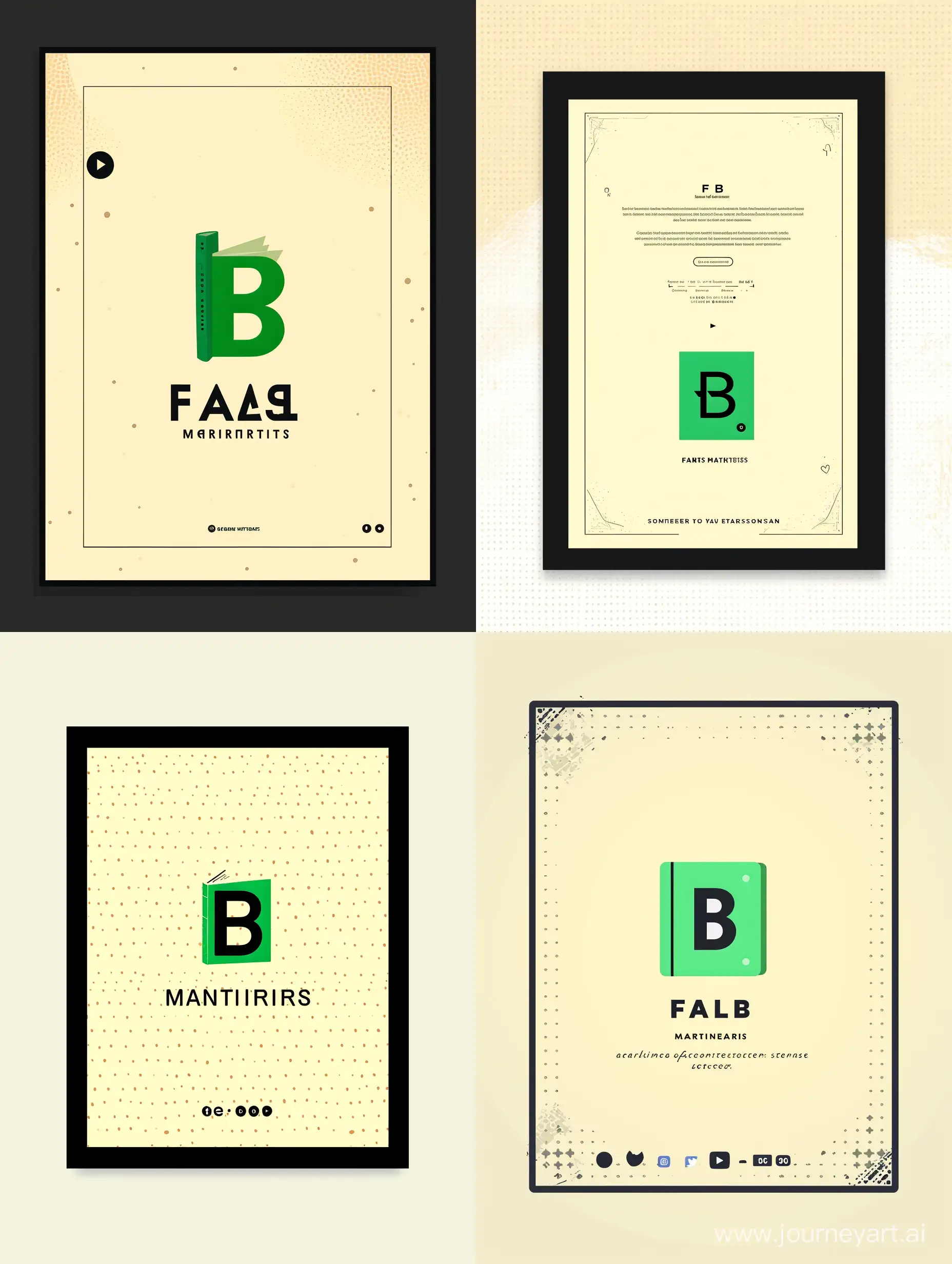 A minimalist and modern YouTube channel banner for Fable Matters. The background is a light yellow color with a dotted pattern that creates a subtle texture. The text is black and simple, using a sans-serif font that is easy to read. The letter B in Fable is a green book icon that represents storytelling and imagination. There is a black frame around the banner that adds contrast and elegance. There is also space for a profile picture on the left side and social media icons on the right side.