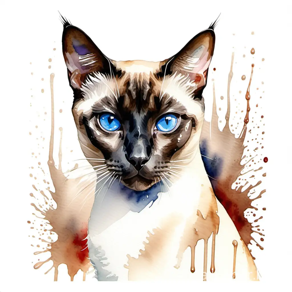 siamese cat portrait, masterpiece portrait, watercolor painting masterpierce, dripping strokes, white background