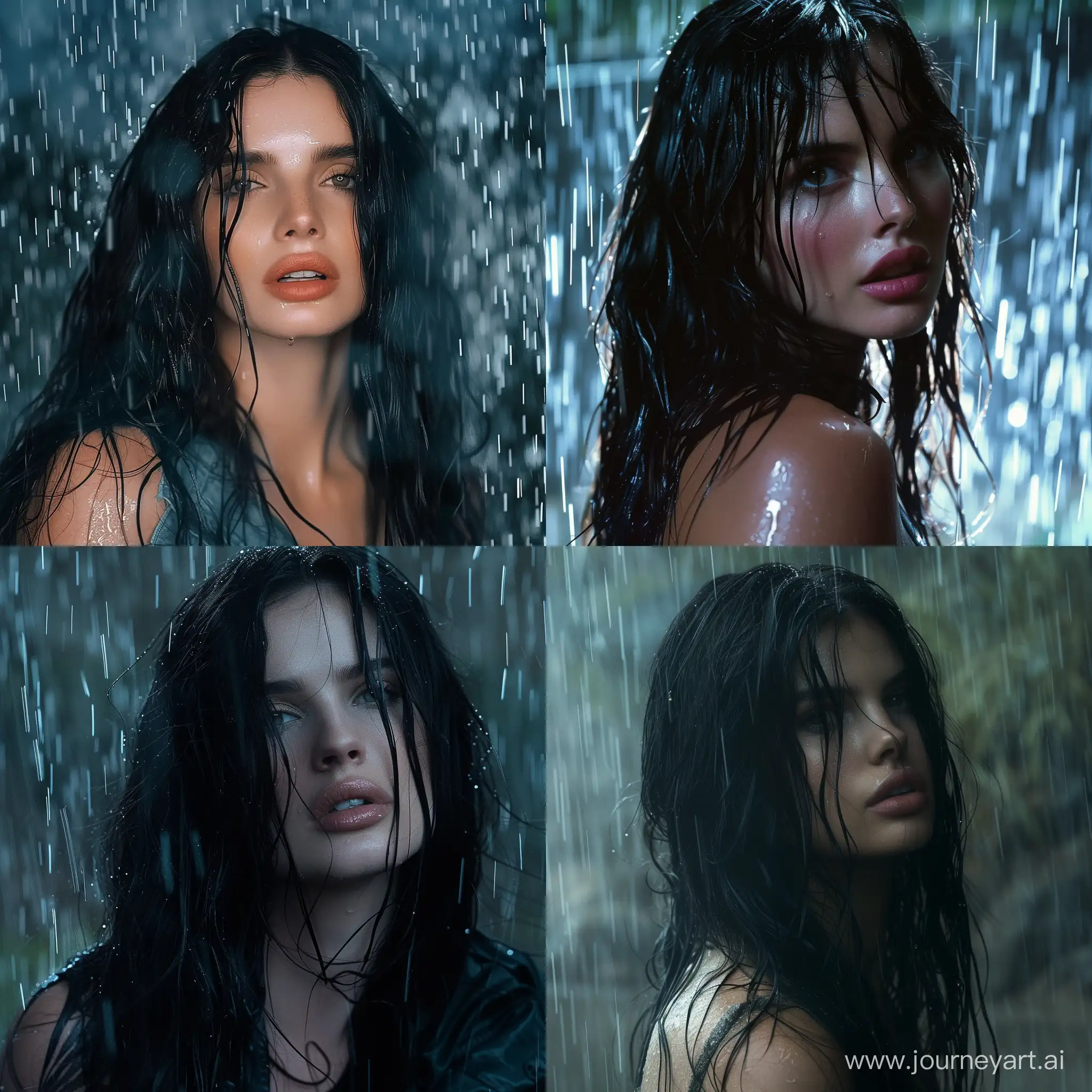 Bella Thorne with long black hair in the rain