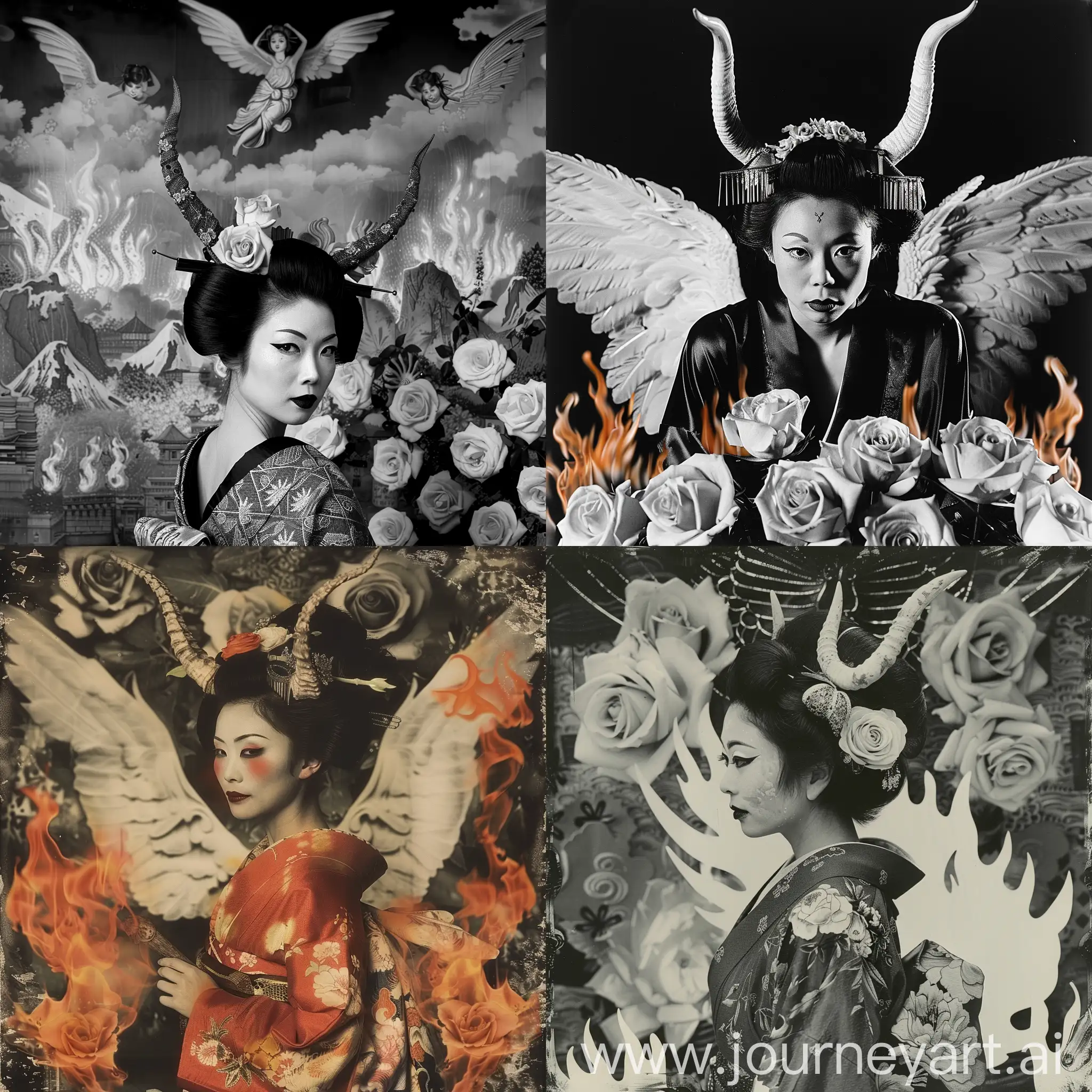 Geisha with horns, angel, flames, roses, photo, peter lindbergh style