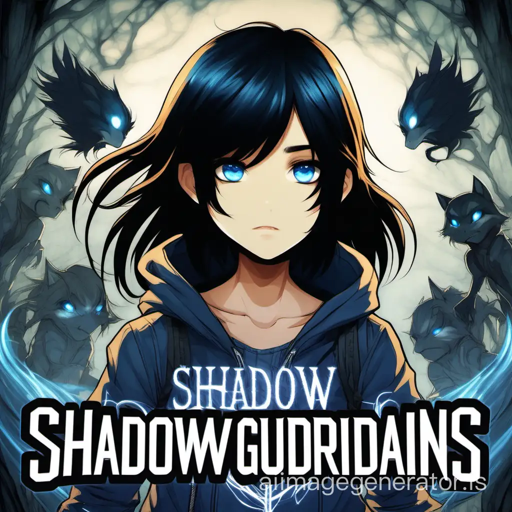 a tomboy girl with blue eyes and black hair
with the words "Shadow Guardians"