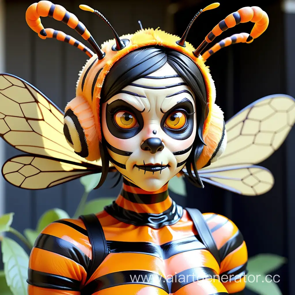 Латексная девушка фурри пчела с оранжевой в черную полоску латексной кожей с глазами пчелы с усиками на голове с мордой насекомого вместо лица с большими крыльями на спине
