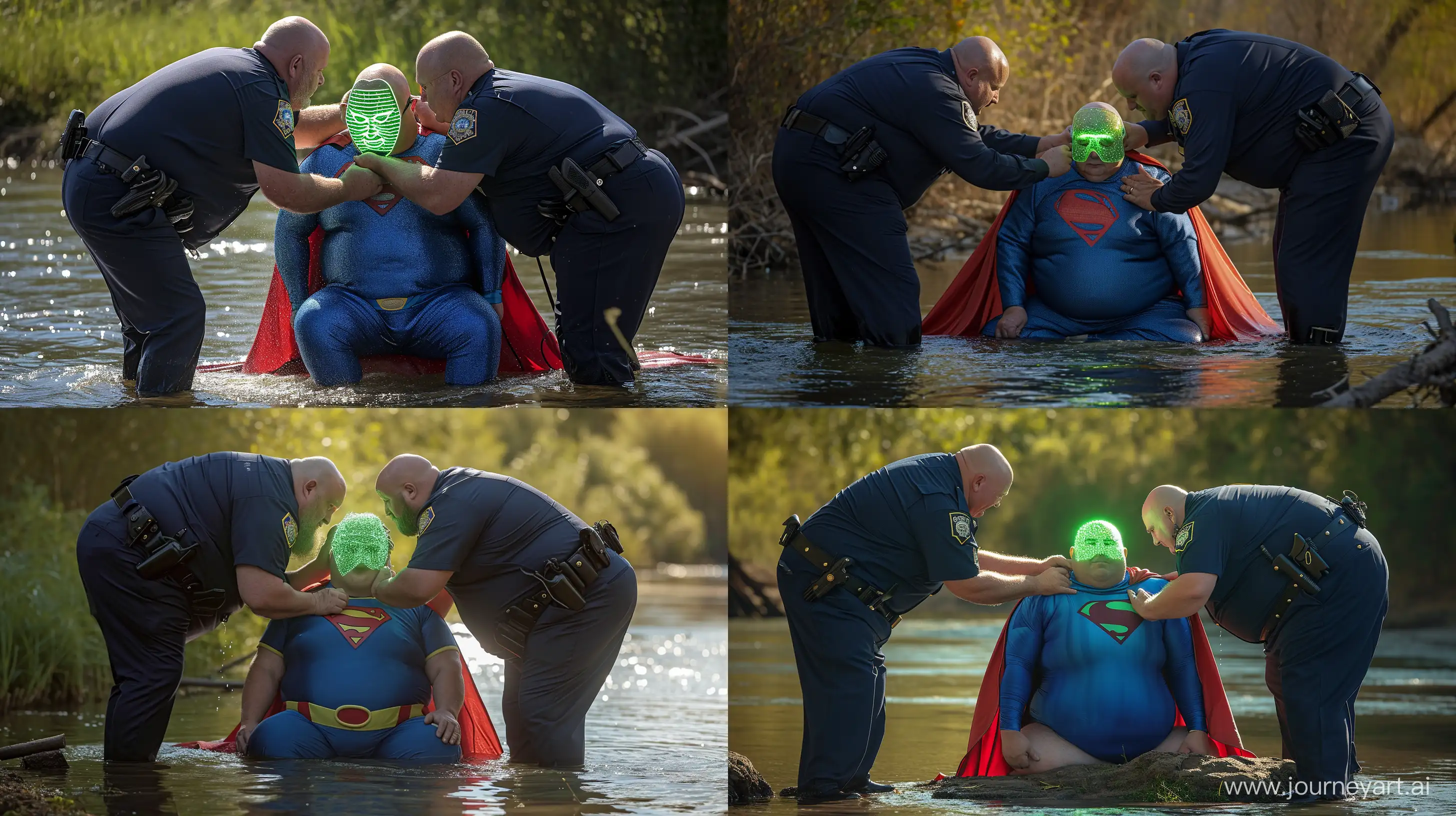 Back view photo of two chubby man aged 60 wearing a silky navy police uniform, bending and tightening a green glowing mask on the face of another chubby man aged 60 sitting in the water and wearing a tight blue silky superman costume with a large red cape. River. Outside. Natural light. Bald. Clean Shaven. --style raw --ar 16:9 --v 6