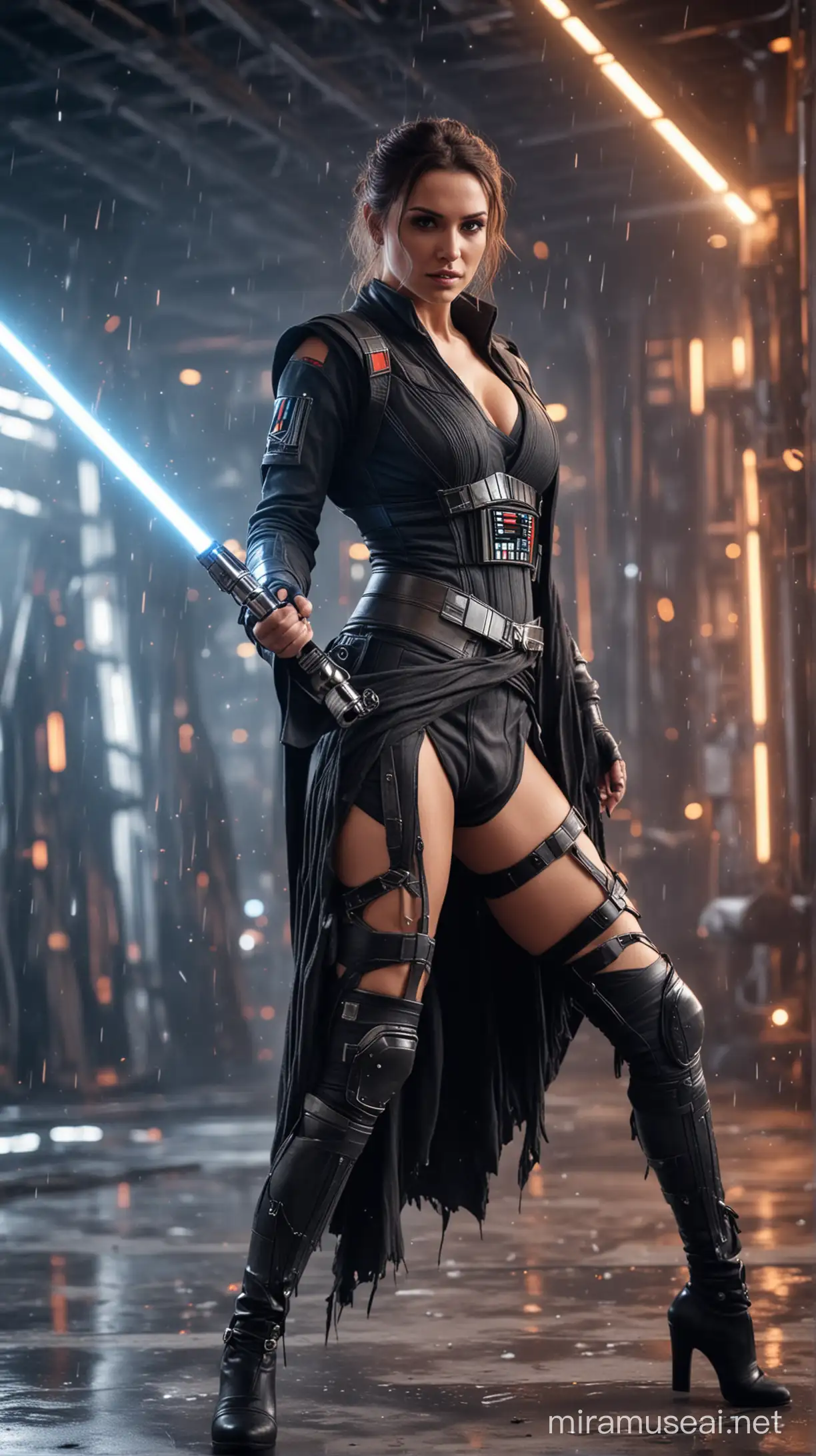 full body portrait (show head to feet)of a busty woman in ripped sith clothes swinging a lightsaber on a spacestation after a hard fight, action scene, blurred background, bokeh, sparks