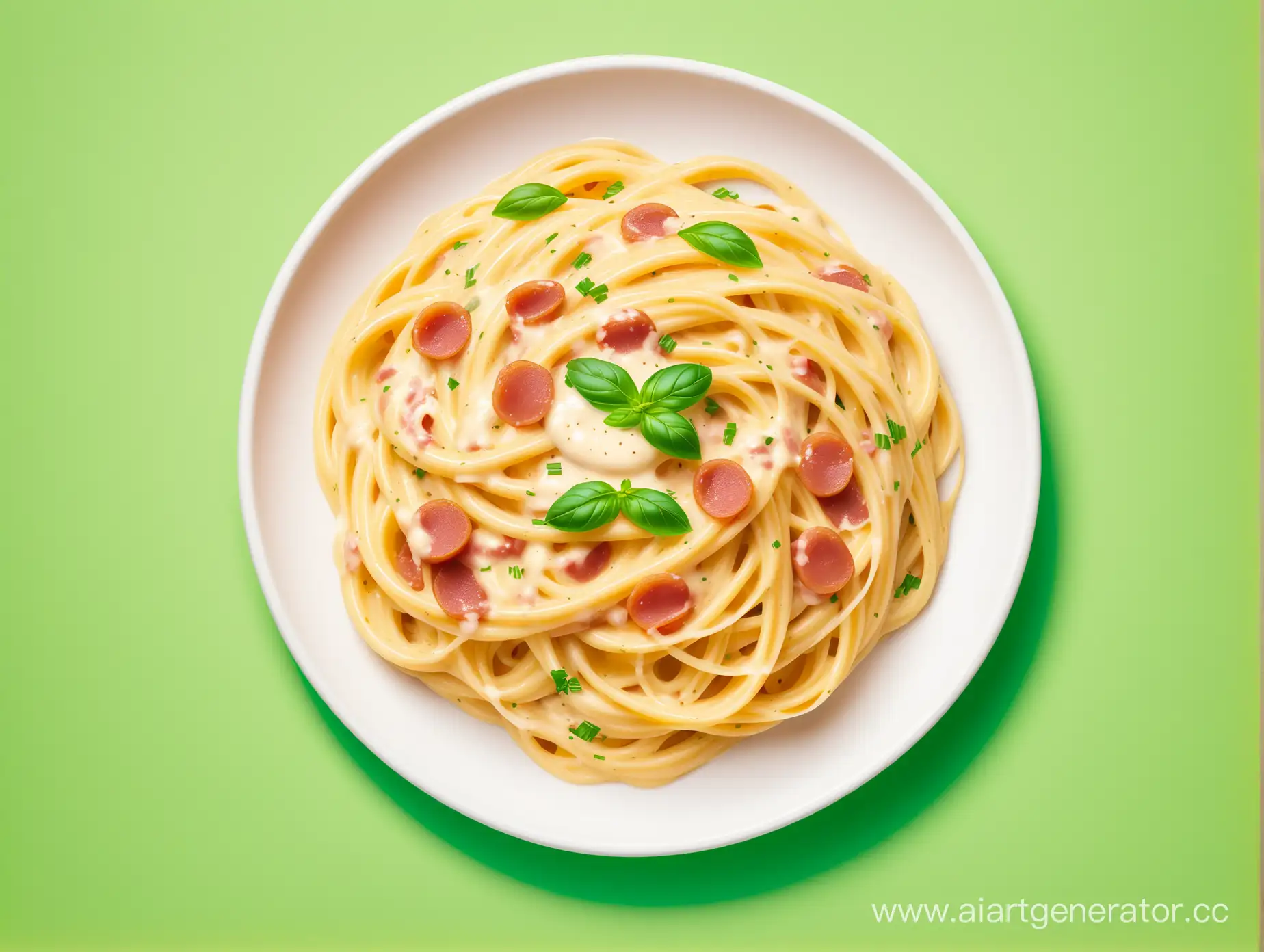 Scattered-Carbonara-Pasta-with-Sauce-on-Green-Background