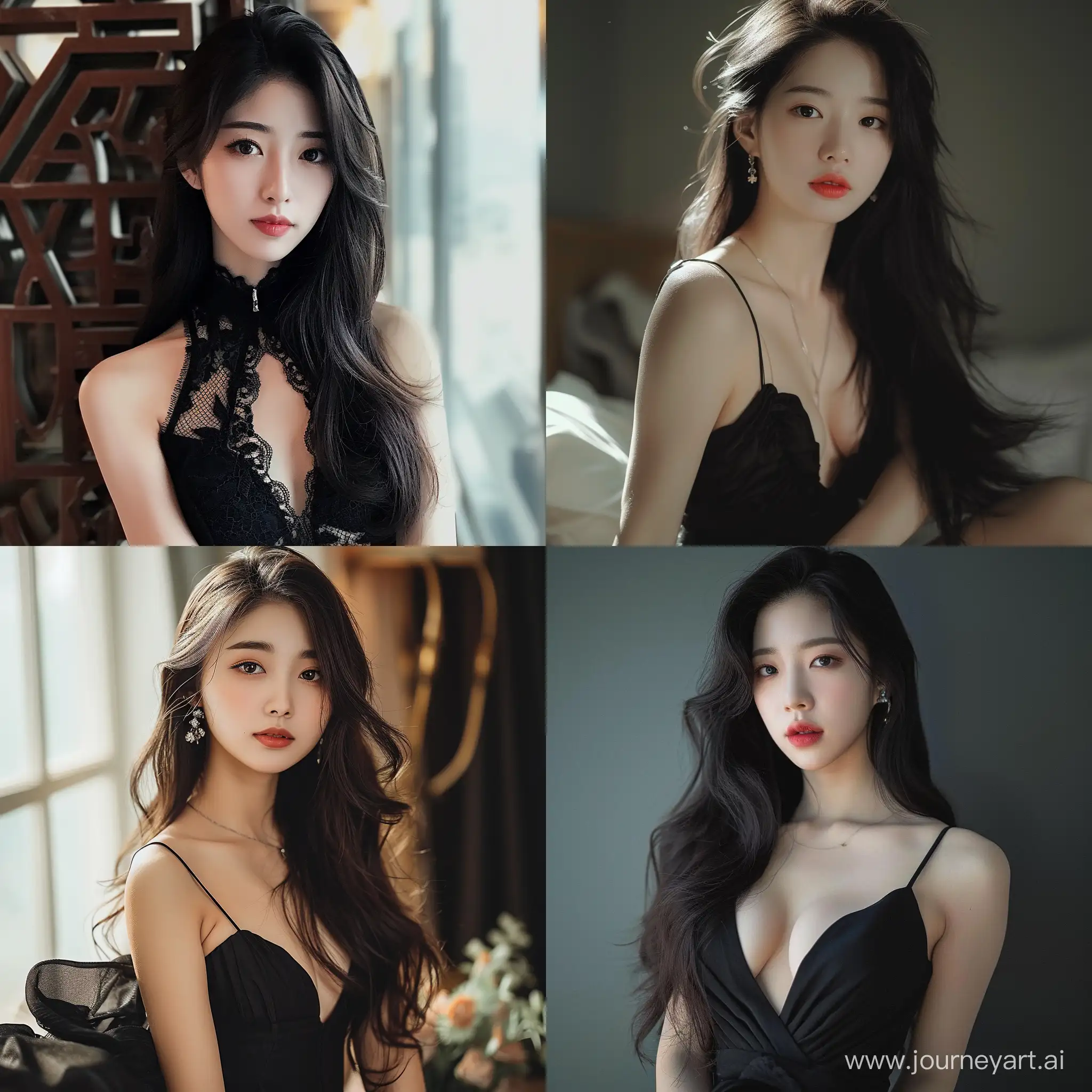 beautiful Asian, sexy, black dress, long hair