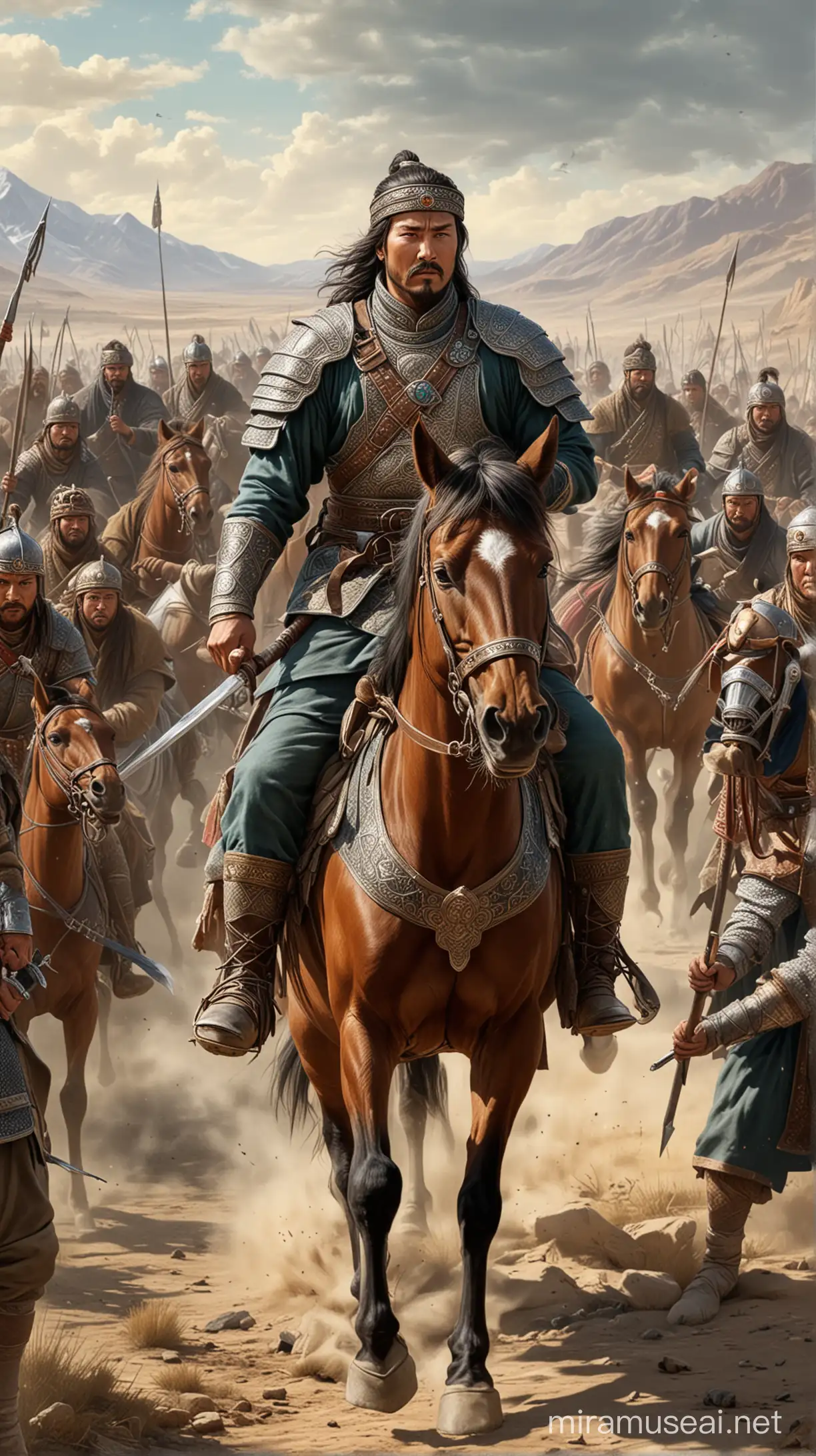 Illustration of Genghis Khan's son-in-law leading troops into battle, representing the military aspect of the marriages. hyper realistic