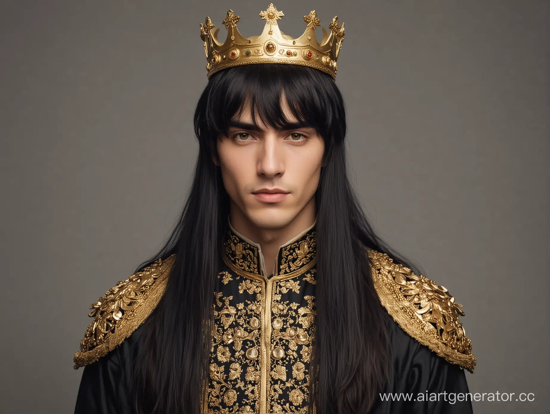 король, чёлка направо, длинные волосы справа, черные волосы, золотая корона, молодой