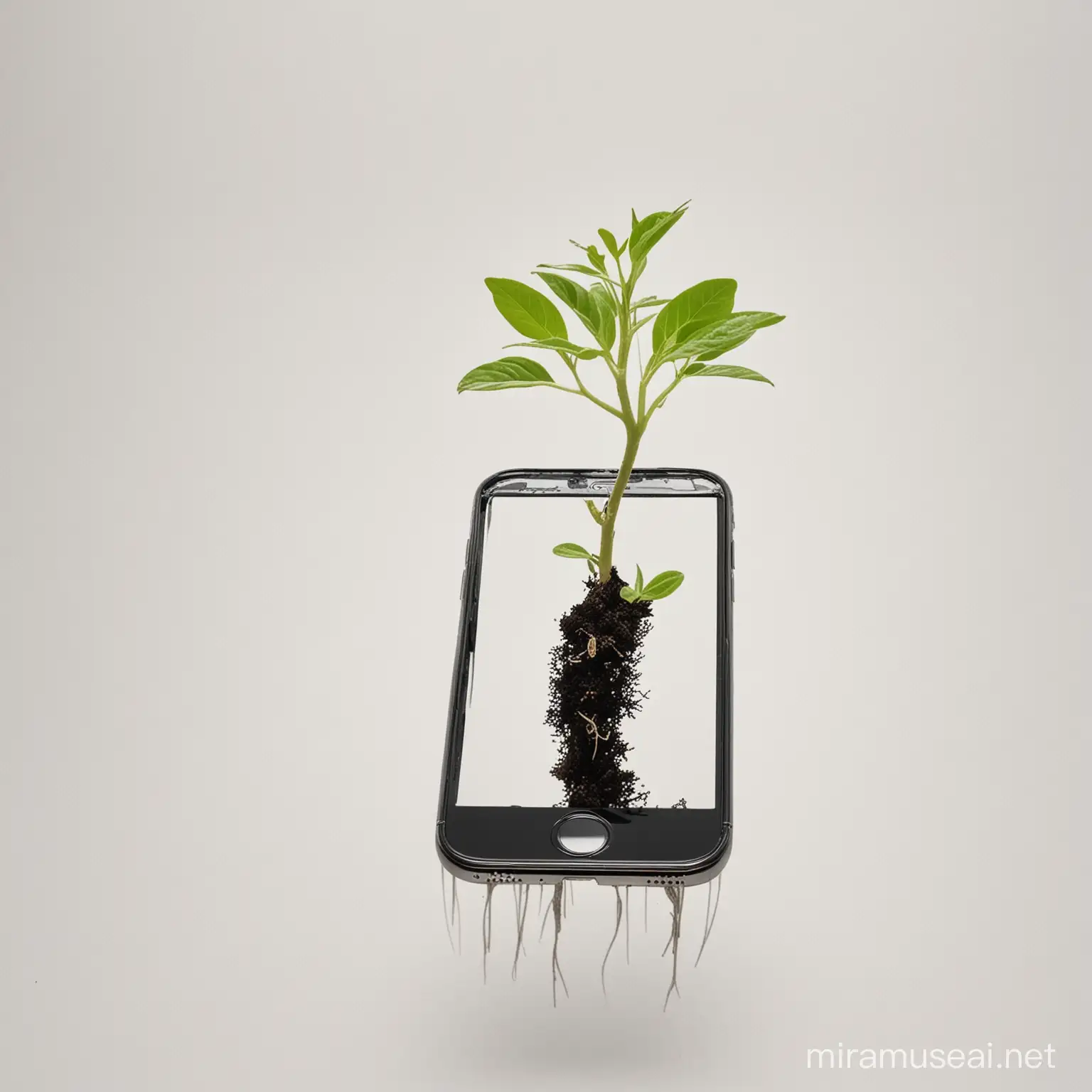 A plant sprouted out of iPhone on a white background
