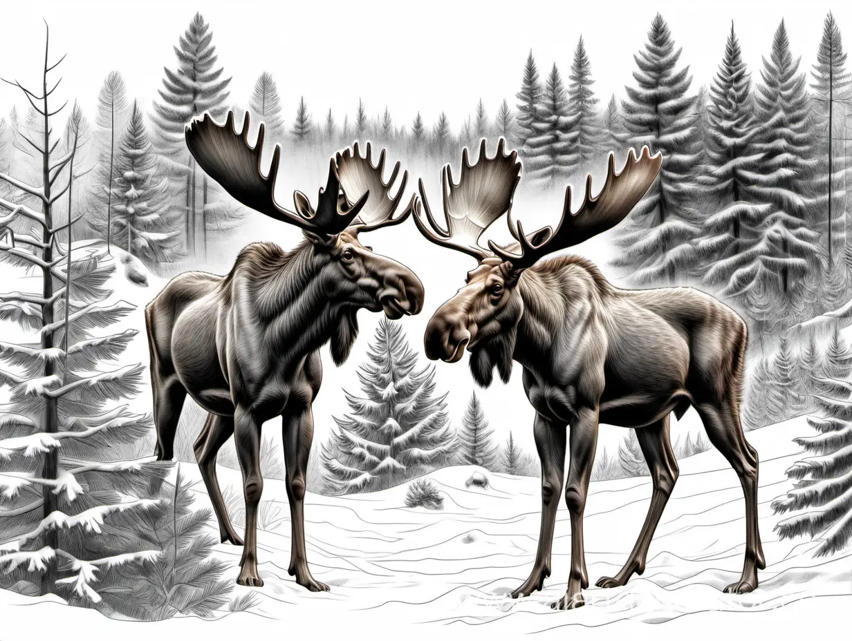 максимально реалистичный рисунок высокого качества на белом фоне максимально детализированный два лося, по бокам зимняя природа (елки и сосны  в снегу) в стиле карандашной графики и анимализма 