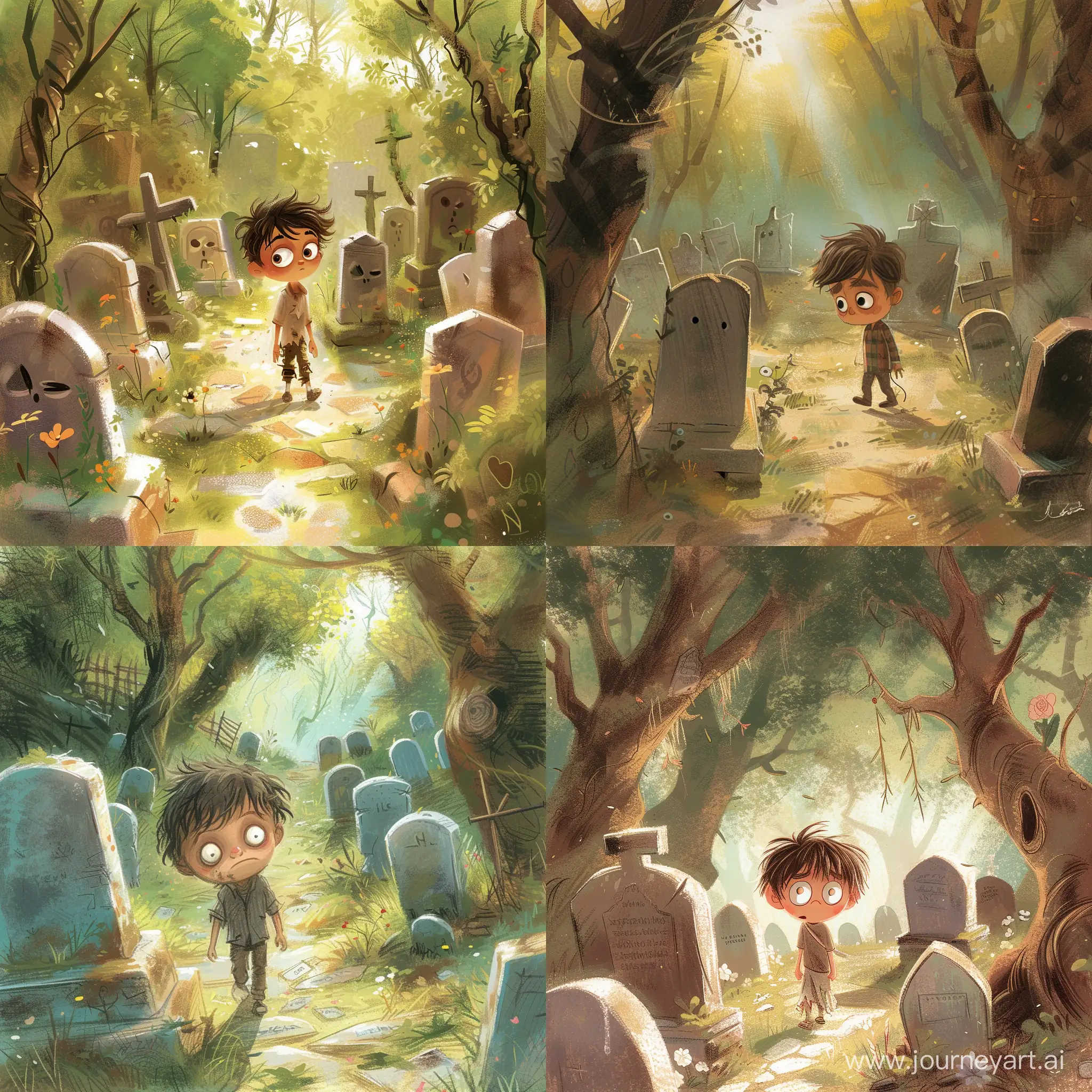An illustration for a children's book, aimed at readers aged 6-10 years. The scene depicts a young boy, Felipe, with sad eyes and ragged clothes, walking through a small, old cemetery. He is visiting his father's grave, surrounded by simple tombstones and a few flowers. The atmosphere is serene but melancholic, with soft sunlight filtering through the trees. The style is colorful, whimsical, and gentle, to capture the emotions of loss and remembrance in a way that is appropriate for young readers.