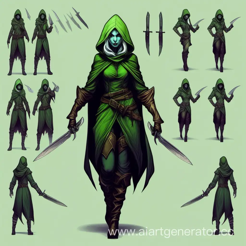 эльф дроу вор с ножами женщина в длинном капюшоне и легкой темно-зеленой одежде вора