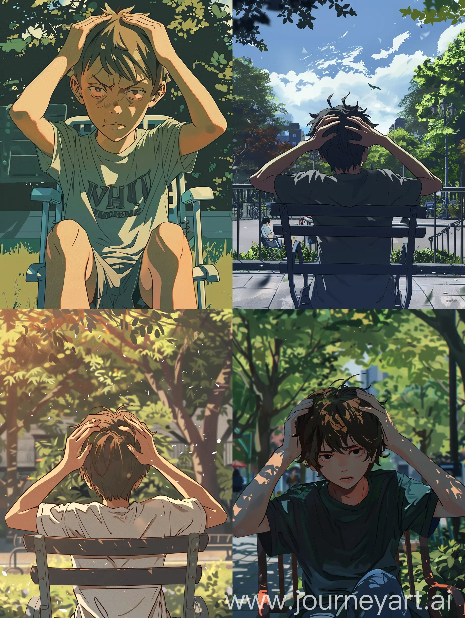 Anime style,A View from little far, a 15 year old teenage boy sitting on a park chair with hands on his back of head with a bored expression,avoid bad and distorted view of his face.