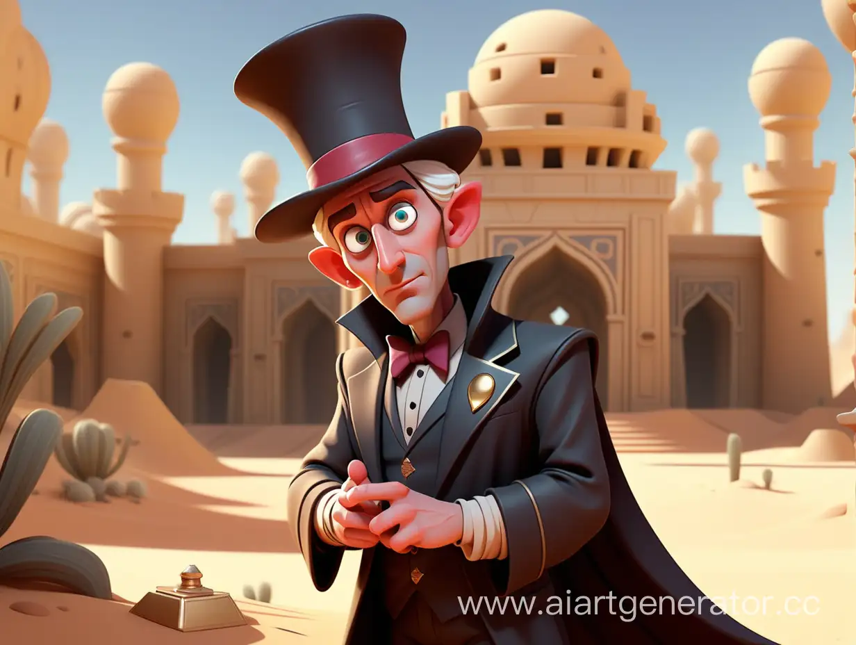 cartoon style, 8k,   one clear face magician in the palace in the desert.