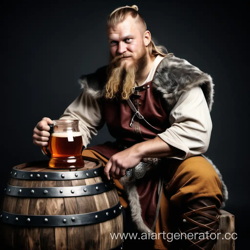Пьяный викинг сидит с кружкой в тельняшке на боче меда