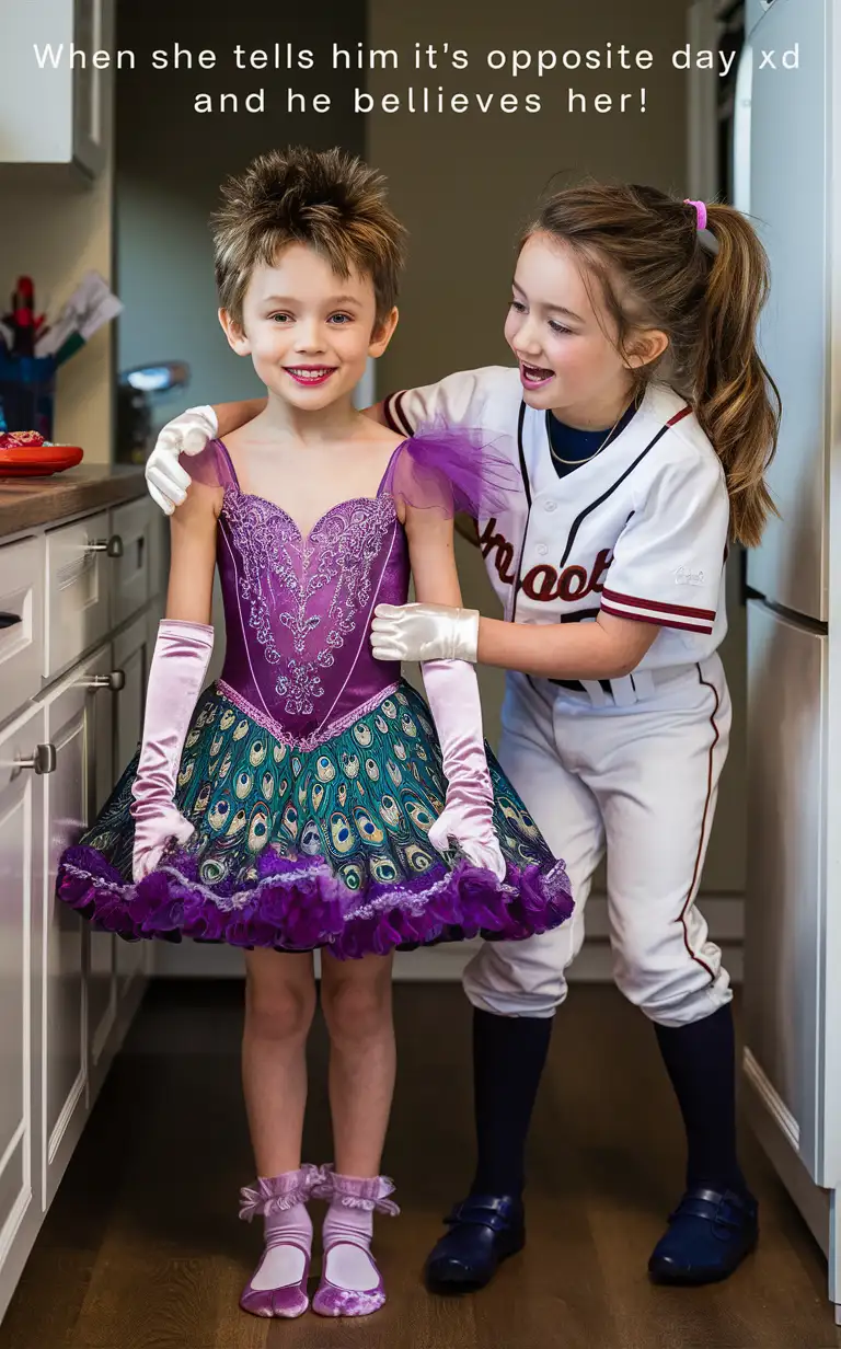 (((Gender role reversal))), colourful Photograph of two little white-skinned children, a cute 7-year-old boy with short smart spiky hair, and his sister a 8-year-old girl with long hair in a ponytail getting ready for their sports clubs in their kitchen, the boy is wearing a elegant purple peacock dance dress and frilly ankle socks and long silky gloves, the girl is wearing a white baseball uniform, adorable, clear faces, perfect faces, perfect eyes, perfect noses, the photograph is captioned “When she tells him it’s Opposite Day and he believes her! XD”