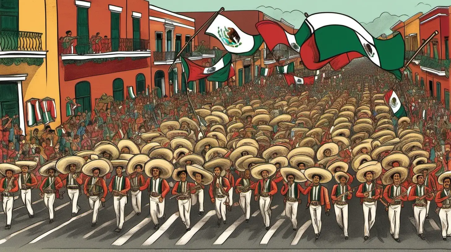 "Illustrate a Mexican Independence Day celebration, featuring parades, mariachi bands, and the national flag."