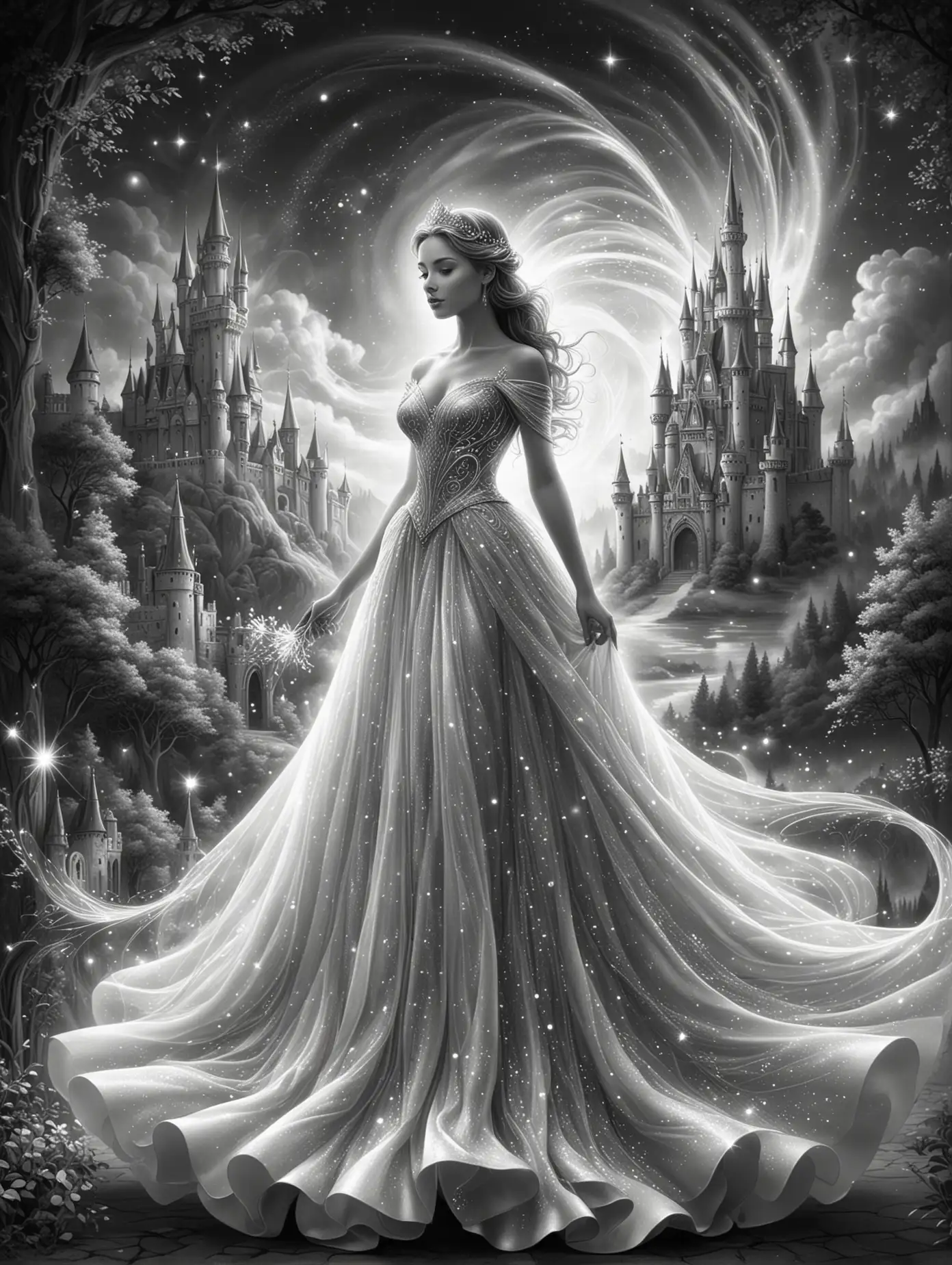 Create a black and white illustration of a beautiful princess in a beautiful gown, iridescent, with a fairy-tale castle in the background, magic swirls, sparks, rainbow, full length