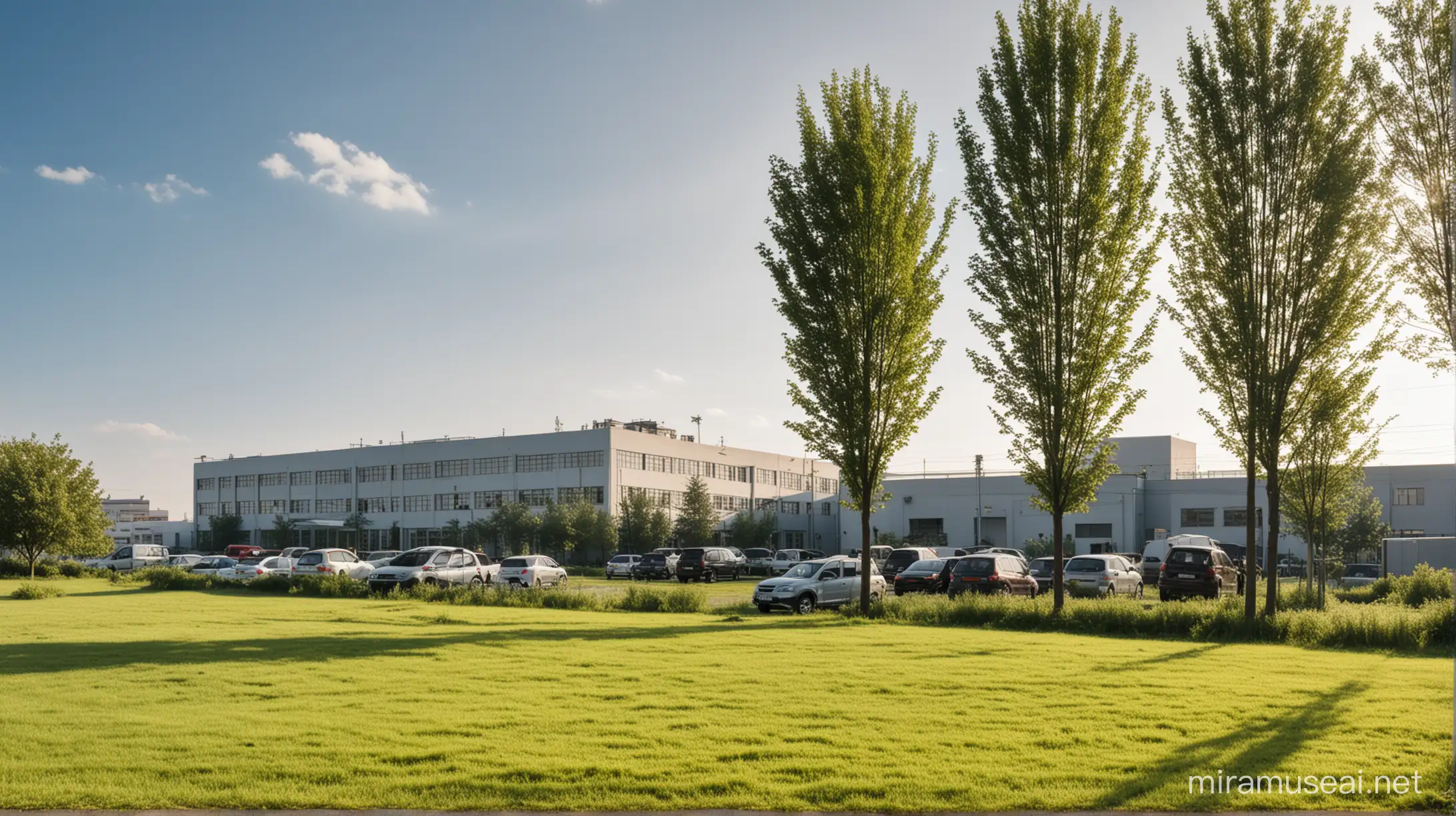 Small Car Factory with Sunny Sky and Greenery