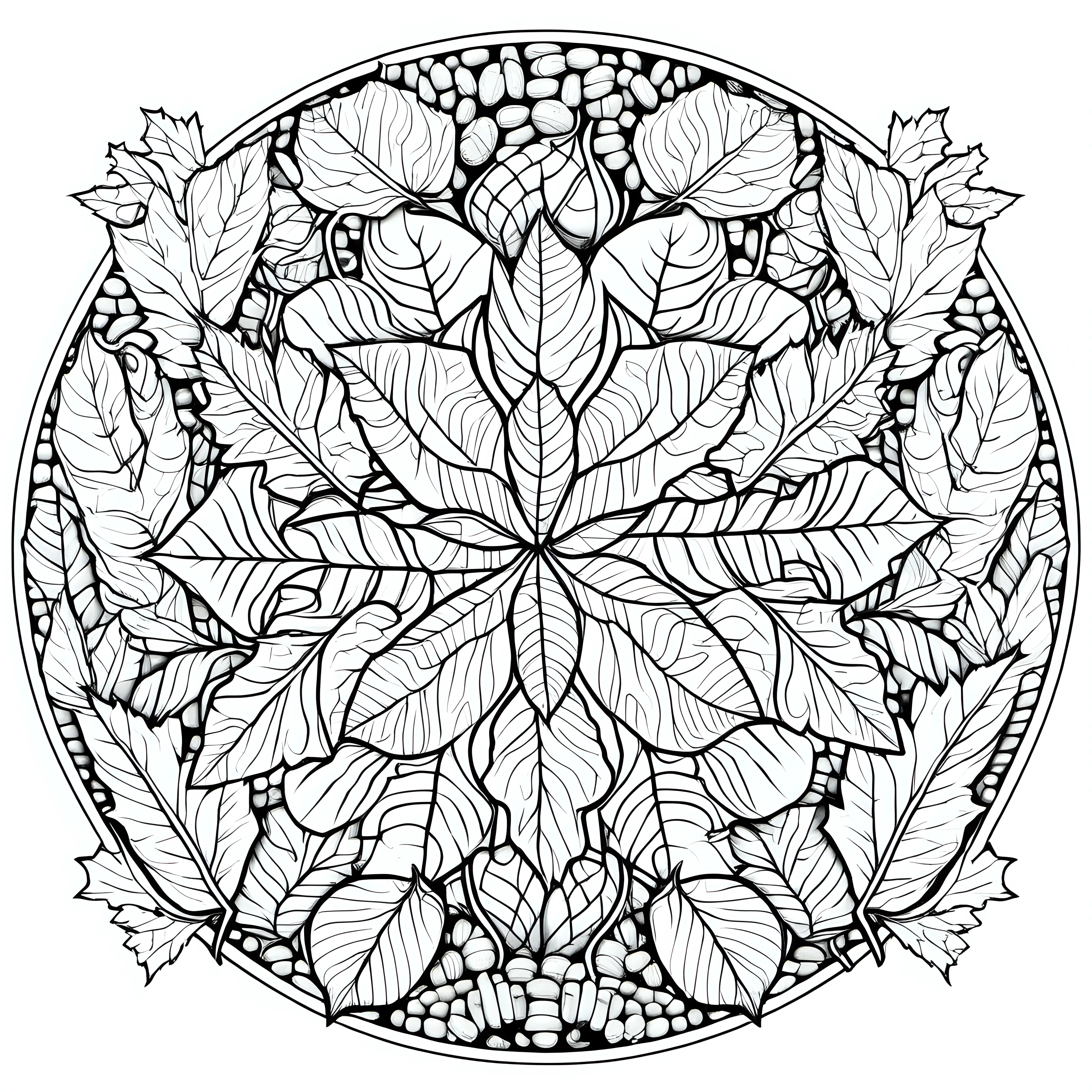 Autumn Leaves Mandala: A mandala featuring various autumn leaves, acorns, and fall colors for coloring book with crisp lines and white background