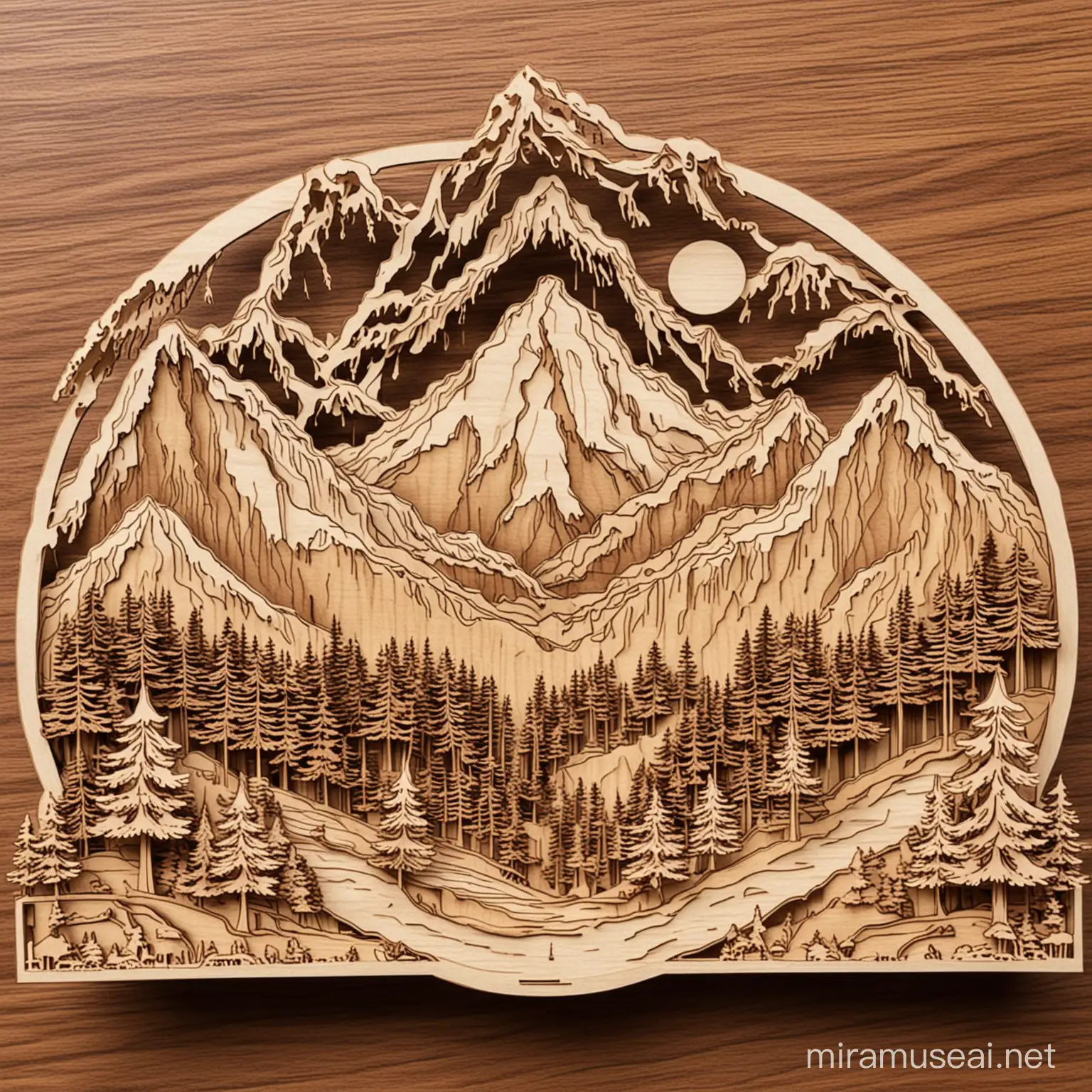 multilayer design for laser cut, simple, mountain, road, forest