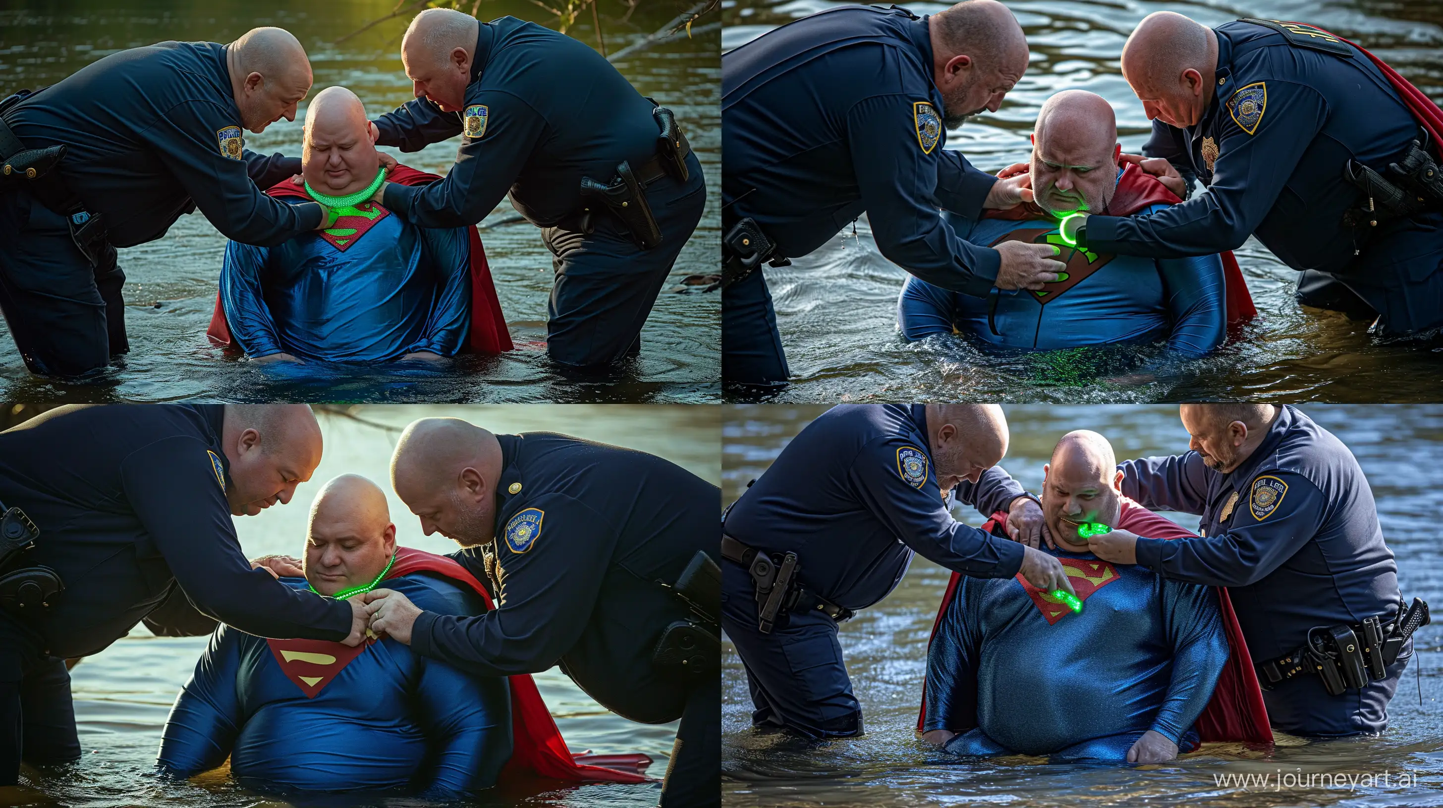 A closeup photo of two chubby man aged 60 wearing a long-sleeved navy police uniform, bending behind and tightening a green glowing small short dog collar on the neck of another chubby man aged 60 sitting in the water and wearing a tight blue silky superman costume with a large red cape. River. Natural Light. Bald. Clean Shaven. --style raw --ar 16:9 --v 6