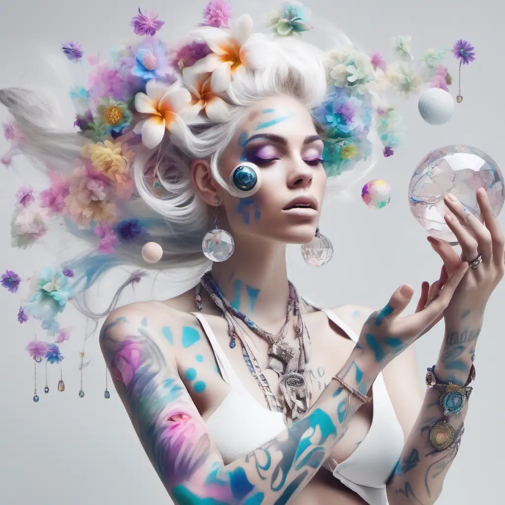 abstract exotic white model  with {pastel flowers that bleed into her hair} add {big ball Jewelry}
{she has soft tattoos on her arms and shoulders} add {3 crystal orbs fly around her}.  