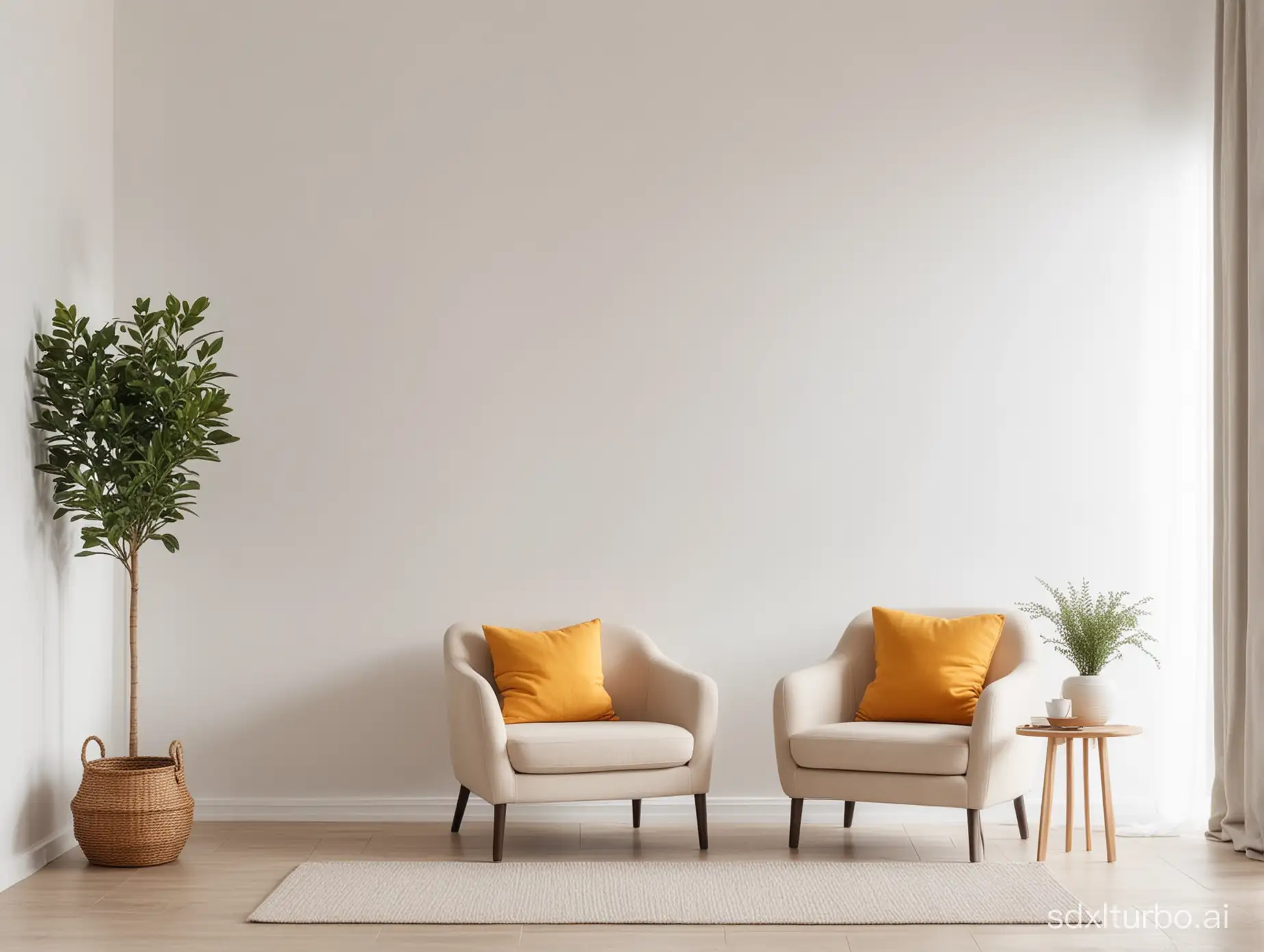 Interior of a bright cozy living room with armchair and one small table on empty white wall background