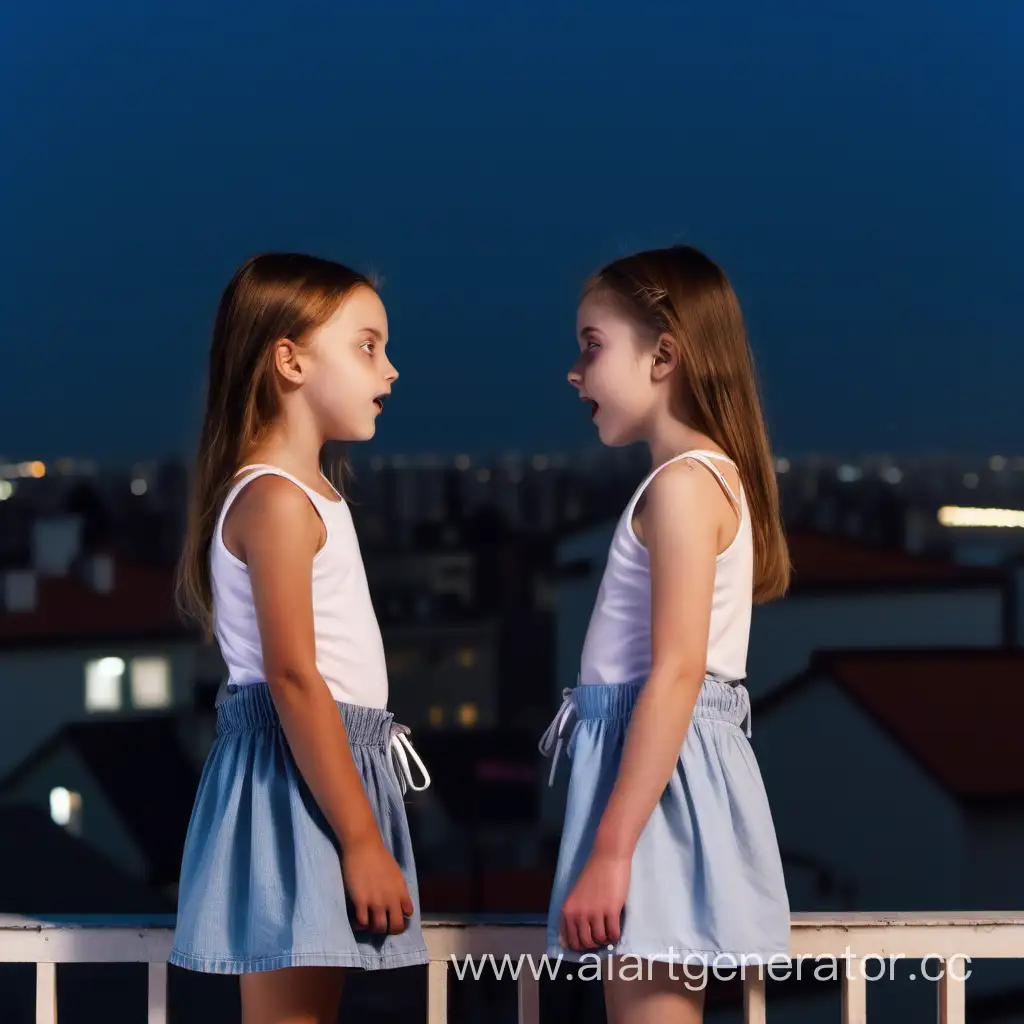 две одинаковые девушки на крыше смотрят друг на друга на на небольшом расстоянии вечером