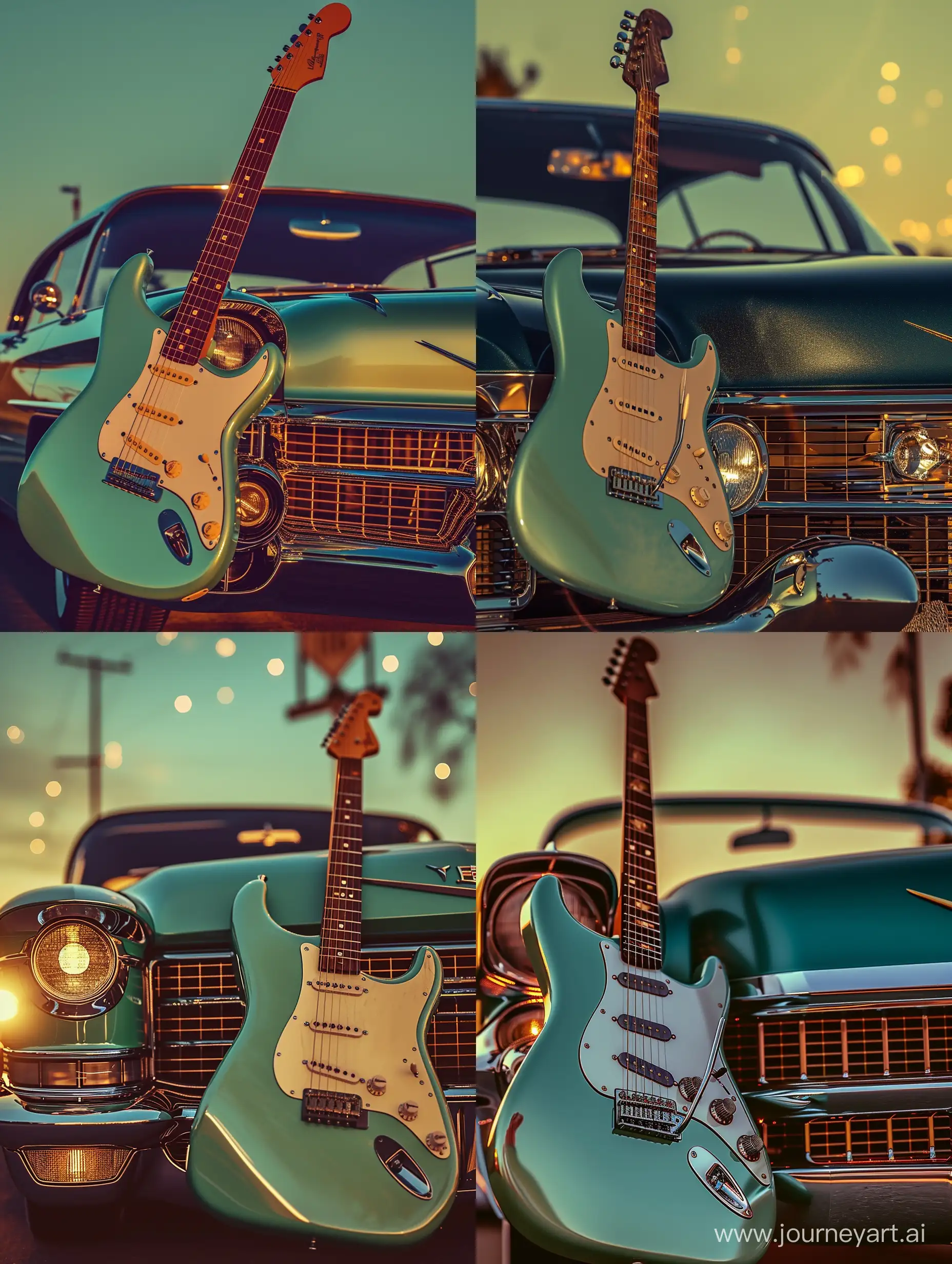 Vintage-Sunset-Serenade-Sea-Foam-Green-Fender-Stratocaster-on-a-1957-Cadillac-Eldorado