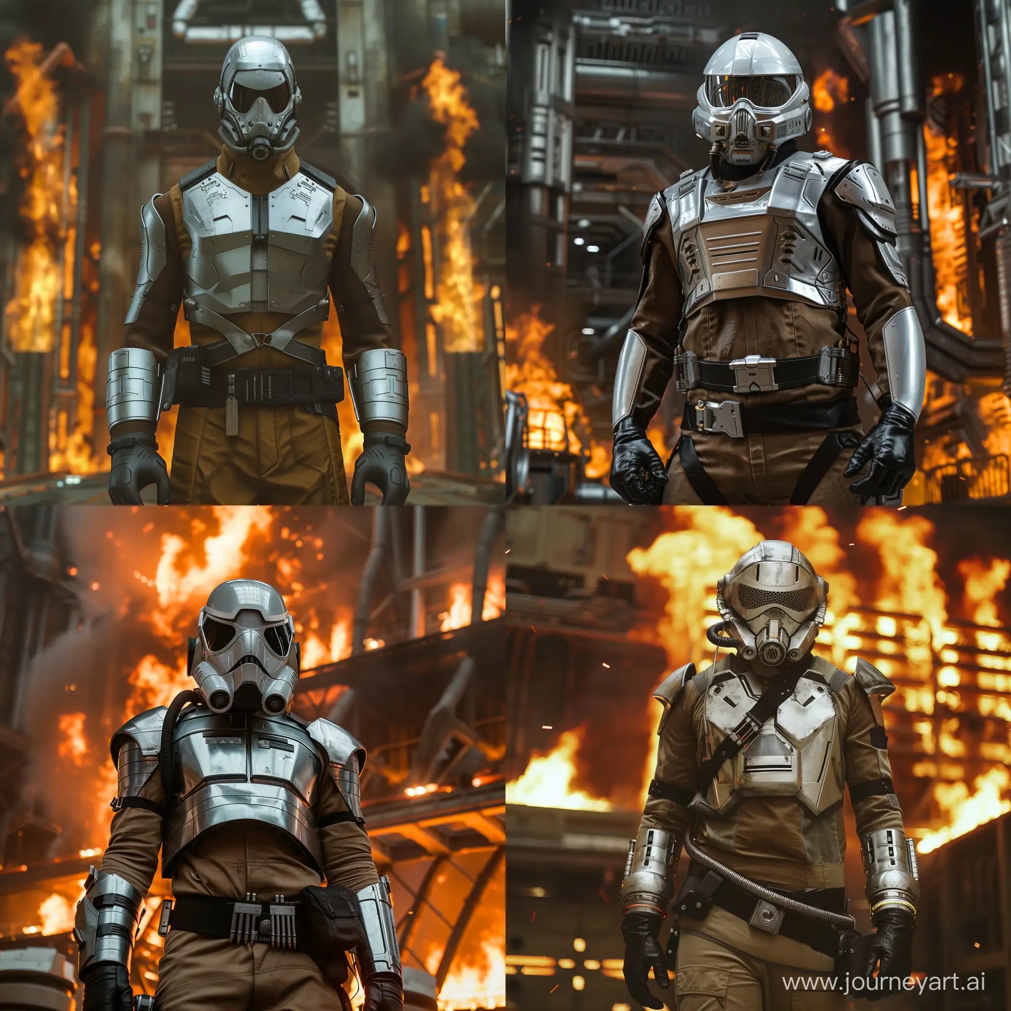 A tall man with broad shoulders wearing a silver mask with a visor and a respirator, wearing a suit of silver sci-fi armor over a brown bodysuit with black rubber gloves. He wears a belt with weapons
Futuristic, militarism, Closed Face, Visor, Respirator.

Burning dark space station hall in the background with a large wall of fire.
